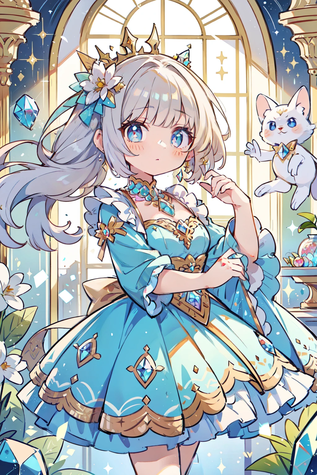 A beautiful woman wearing ore crystals as ornaments is at the window of a beautiful palace made of marble. She has a beautiful face and shining eyes of vivid colors. She wears ornaments and a dress made of shining ore crystals like crystal. She is by the window of a hard but beautiful palace built of marble. Detailed drawing. Vivid colors. High image quality.
