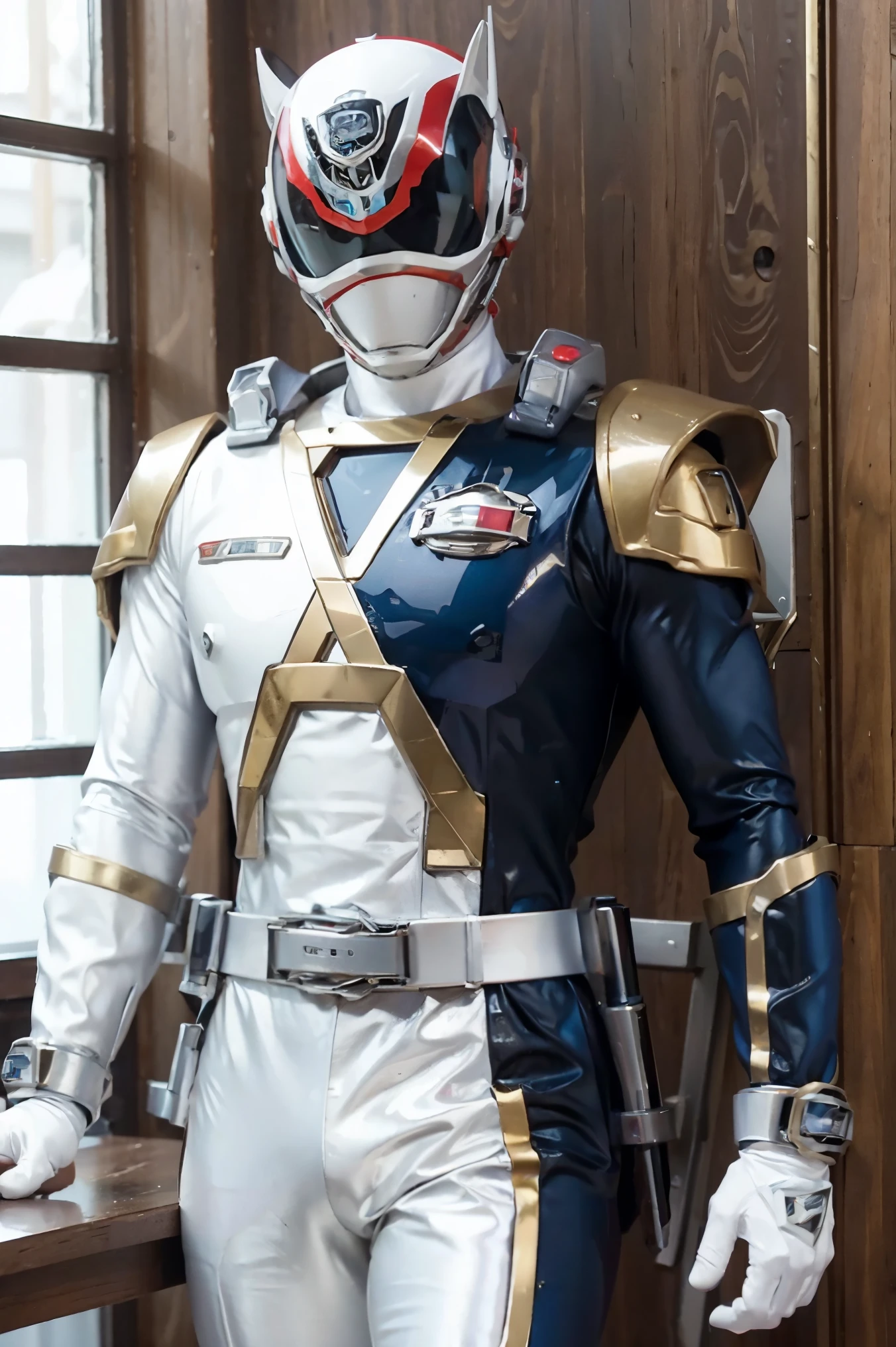 Fantasy background, cafe rpg style, empty chair, table, set of tea glass, (power rangers)), One guy、, ((white ranger suit)), red and blue chest armor with gold details, costume, Solo, ((fit figure)), (Anatomically correct), Cowboy shot, masked face, guns, muscular build