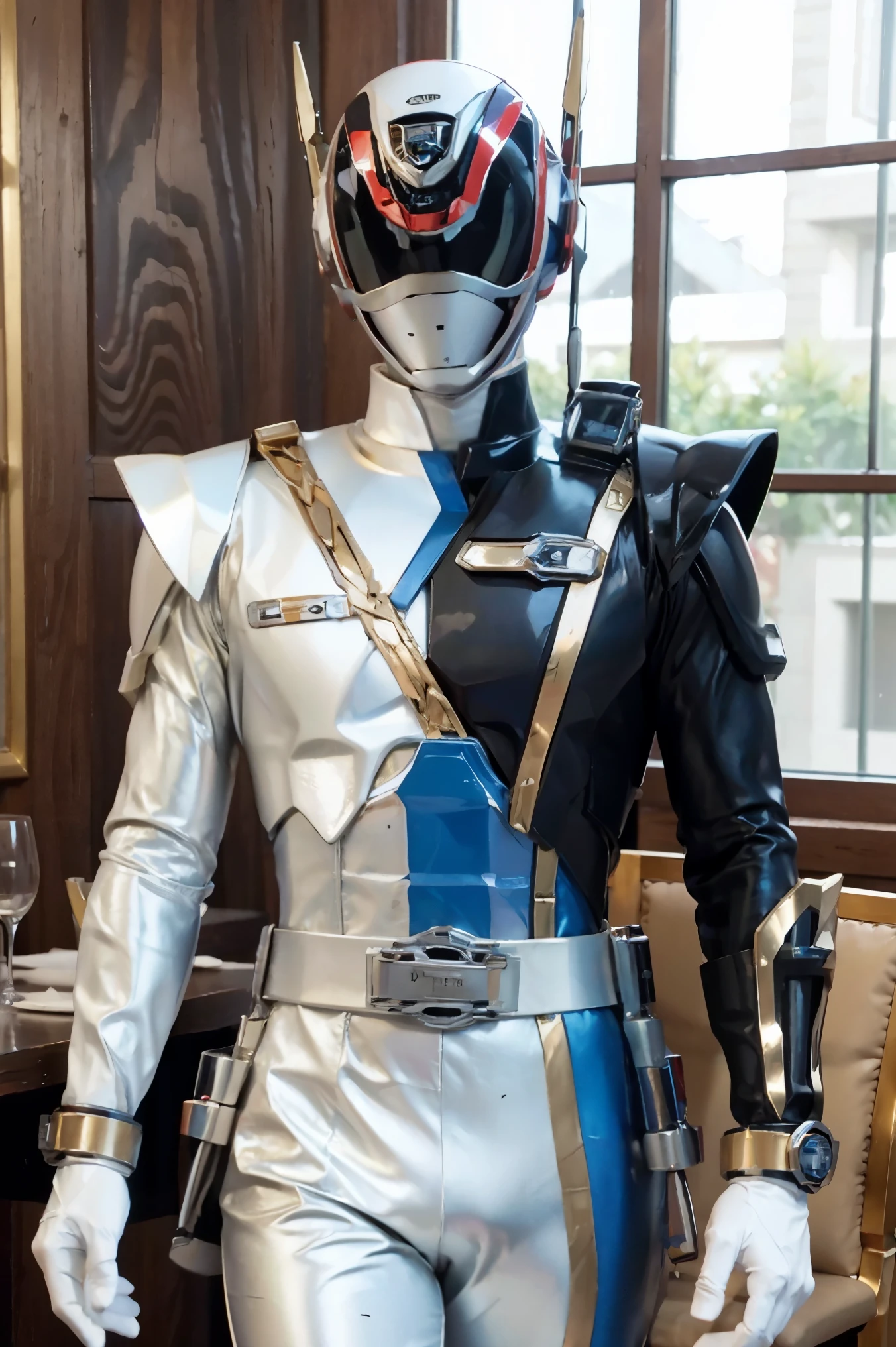 Fantasy background, cafe rpg style, empty chair, table, set of tea glass, (power rangers)), One guy、, ((white ranger suit)), red and blue chest armor with gold details, costume, Solo, ((fit figure)), (Anatomically correct), Cowboy shot, masked face, guns, muscular build