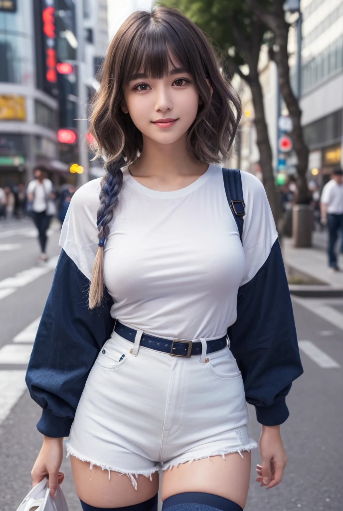 Photorealistic,(masterpiece, best quality: 1.1), (ultra highres, ultra-detailed: 1.2) photogenic girl,80denier over knee high tights,oversized white T-shirt,denim hotpants, walking in street of shibuya,smile, (16yo,beautiful detailed face,(navy hair-color,wavy-short hair),parallel eyebrows,navy eyes with large irises,blunt bangs,small nose, fresh lips,small breasts,(fullbody), beautiful lighting, volumetric lighting, dynamic angle,