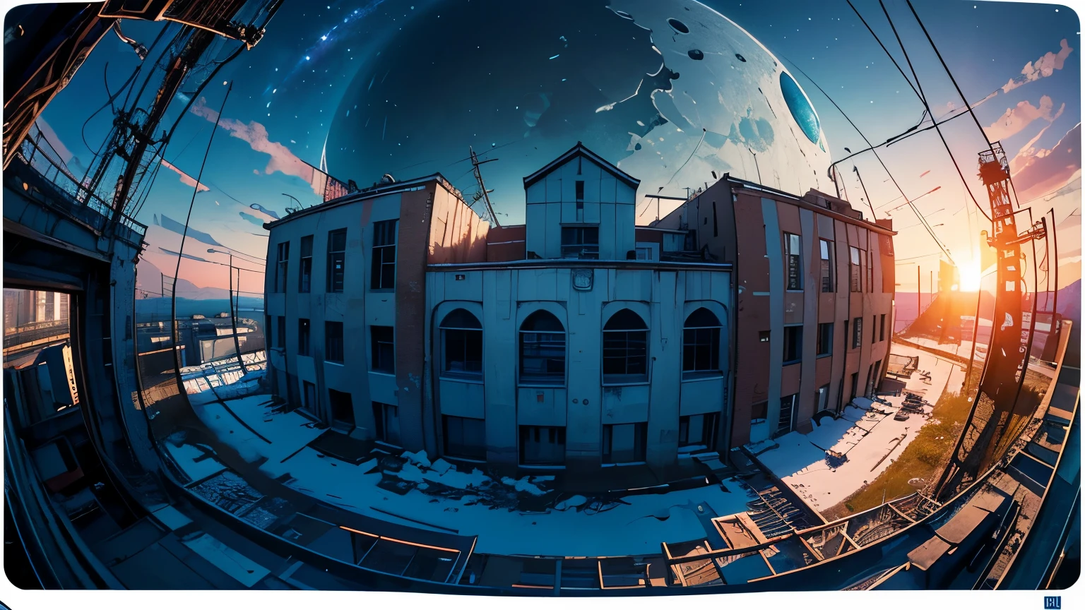 (Fish-eye lens),Icon, Logo, Very Wide White Background, Extreme Quality, Masterpiece, 8k, Depth of Field, Complex Detail, (No People), Very Large Margin, Lots of Text, Corporate Logo, Space, Motif, Emblem, Movie Poster-Like, Fisheye, (Abandoned Factory), (Lots of Wires), Spacecraft, Moon, Sun Flare, sunset, snow