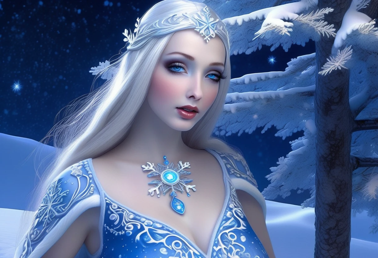 a gorgeous frost elf woman with pale blue eyes and lips, ceramic white skin, in a sheer blue dress with snowflake embroidery, playing in a winter wonderland at night, starry sky, snow-covered trees, glowing moon, magical atmosphere, detailed face and clothing, ultra-detailed, 8k, photorealistic, dramatic lighting, fantasy art (show her entire body, head to toe, show all of her)
