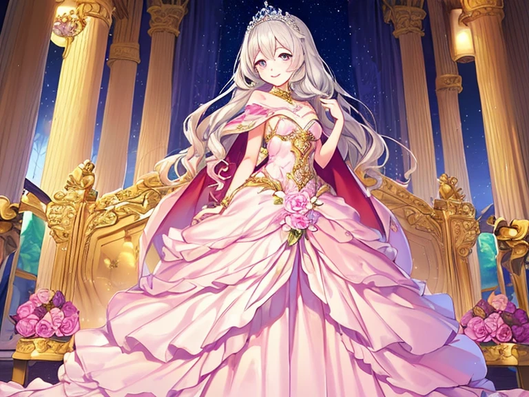 (kawaii),(best quality),(ultra detailed),(rococo style),(long train pastel pink cape:1.15), very long cape,(long train white ball gown with flower decorations:1.1), a girl is wearing a cape over her gown, 1 little princess, tiara, smile, very long hair, small breasts, beautiful detailed eyes, beautiful detailed lips, looking at viewer
