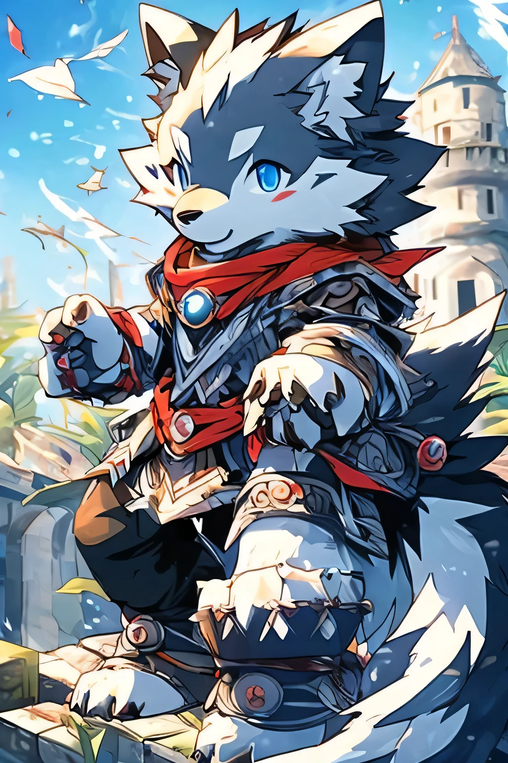 (Highlight Movement：2）、Full body portrait、high quality、masterpiece、（The environment is full of flowing wind:3）、（Bright blue eyes、High quality eyes）Anime style pictures of milky white and castle, portrait of anthropomorphic wolf , Official Character Art, The Art of Silver Wolf, Official character illustrations, Very very beautiful furry art, Anthropomorphic wolf detailed anime character art