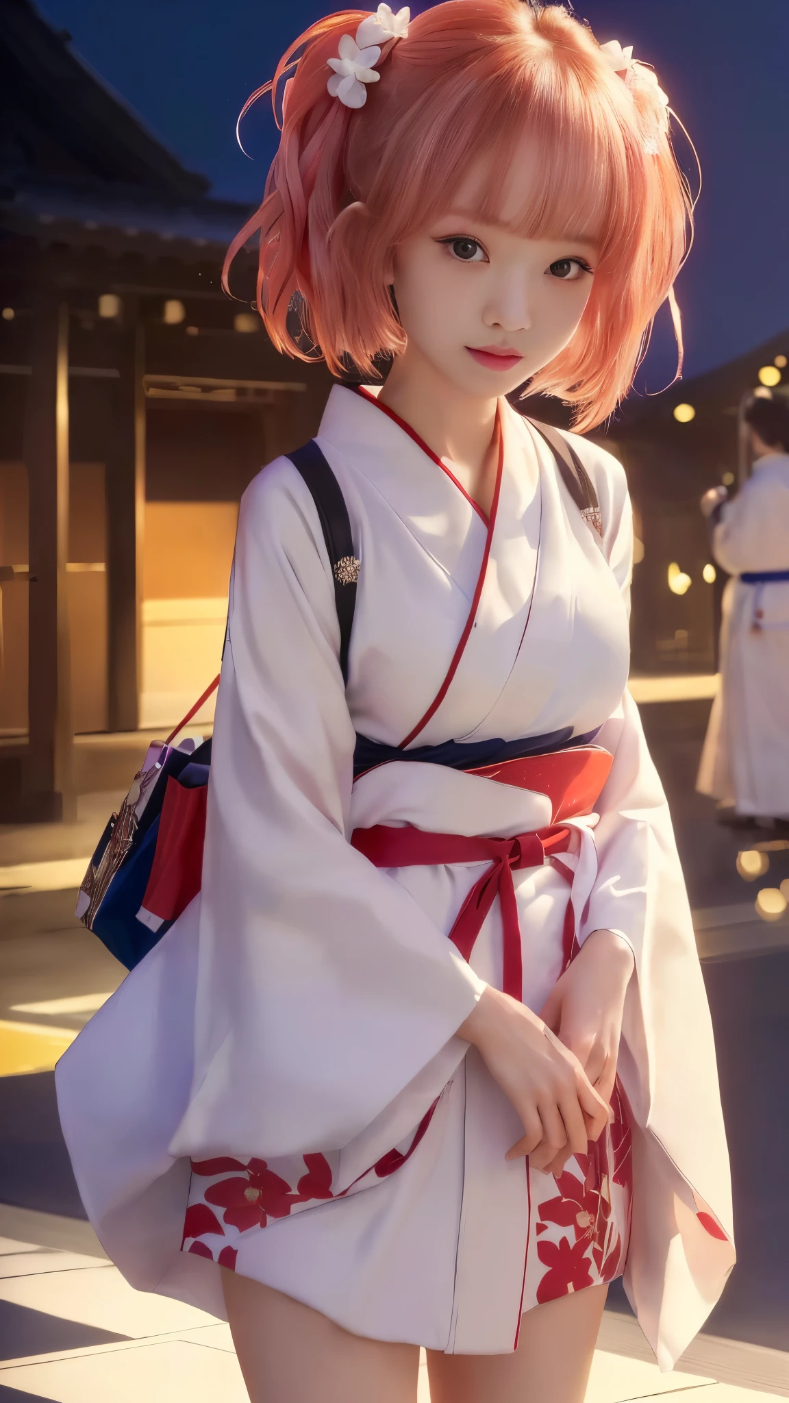 Girl in kimono standing in front of a building, wearing a simple robe, ((Red belt, Elegant white kimono)), in kimono, ayaka genshin impact, Cute girl visuals, (((inspired by yui yuigahama))), wearing a simple robe, Young girl, (Beautiful breasts), ((highest quality, 8K, masterpiece:1.2)), (Detailed eyes and face:1.2), ('s small hand:1.3), (Detailed hands:1.3), (Perfect Anatomy:1.3), (16 year old beautiful girl, Baby Face), (Slender body line), (Small and slender figure), ((Side bun hairstyle, Beautiful pink hair)), short hair, (Gaze at the viewer:1.2)