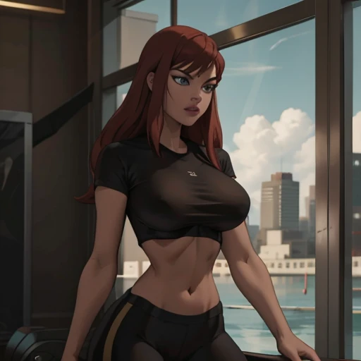 She's a young, slender woman with short, vibrant red hair and bright blue eyes, dressed in fitted gym attire. Confident and determined, she exudes assurance with a strong posture and a self-assured expression. Her domain is the gym, where her infectious energy shines, whether as an athlete or a dedicated instructor.red wet wavy long hair, fit body , huge breasts, gym sportswear black and gold