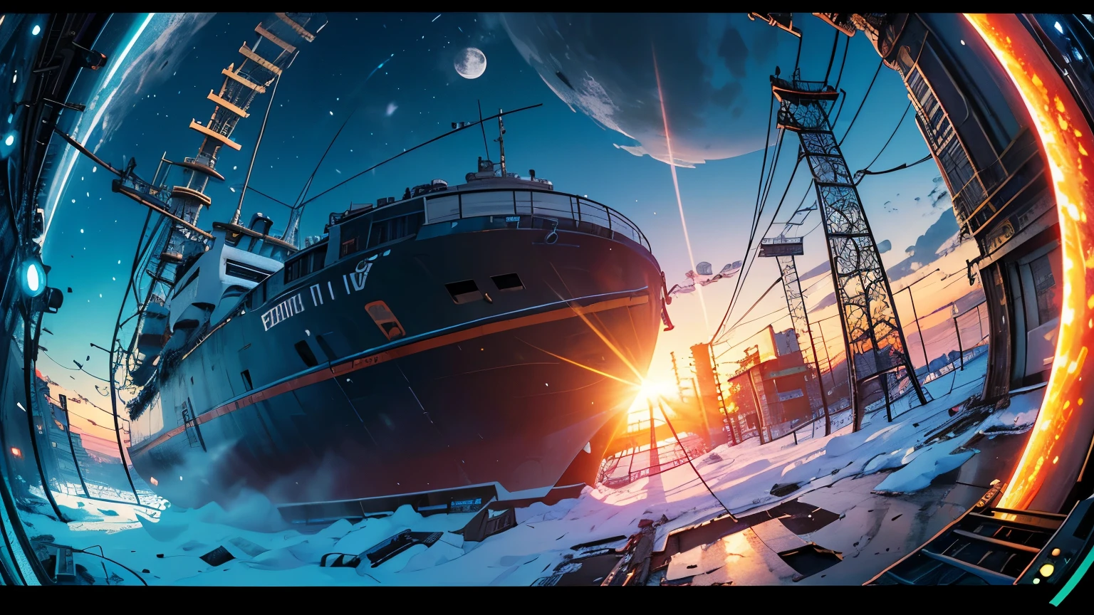 (Fish-eye lens),Icon, Logo, Very Wide White Background, Extreme Quality, Masterpiece, 8k, Depth of Field, Complex Detail, (No People), Very Large Margin, Lots of Text, Corporate Logo, Space, Motif, Emblem, Movie Poster-Like, Fisheye, (Abandoned Factory), (Lots of Wires), Spacecraft, Moon, Sun Flare, sunset, snow