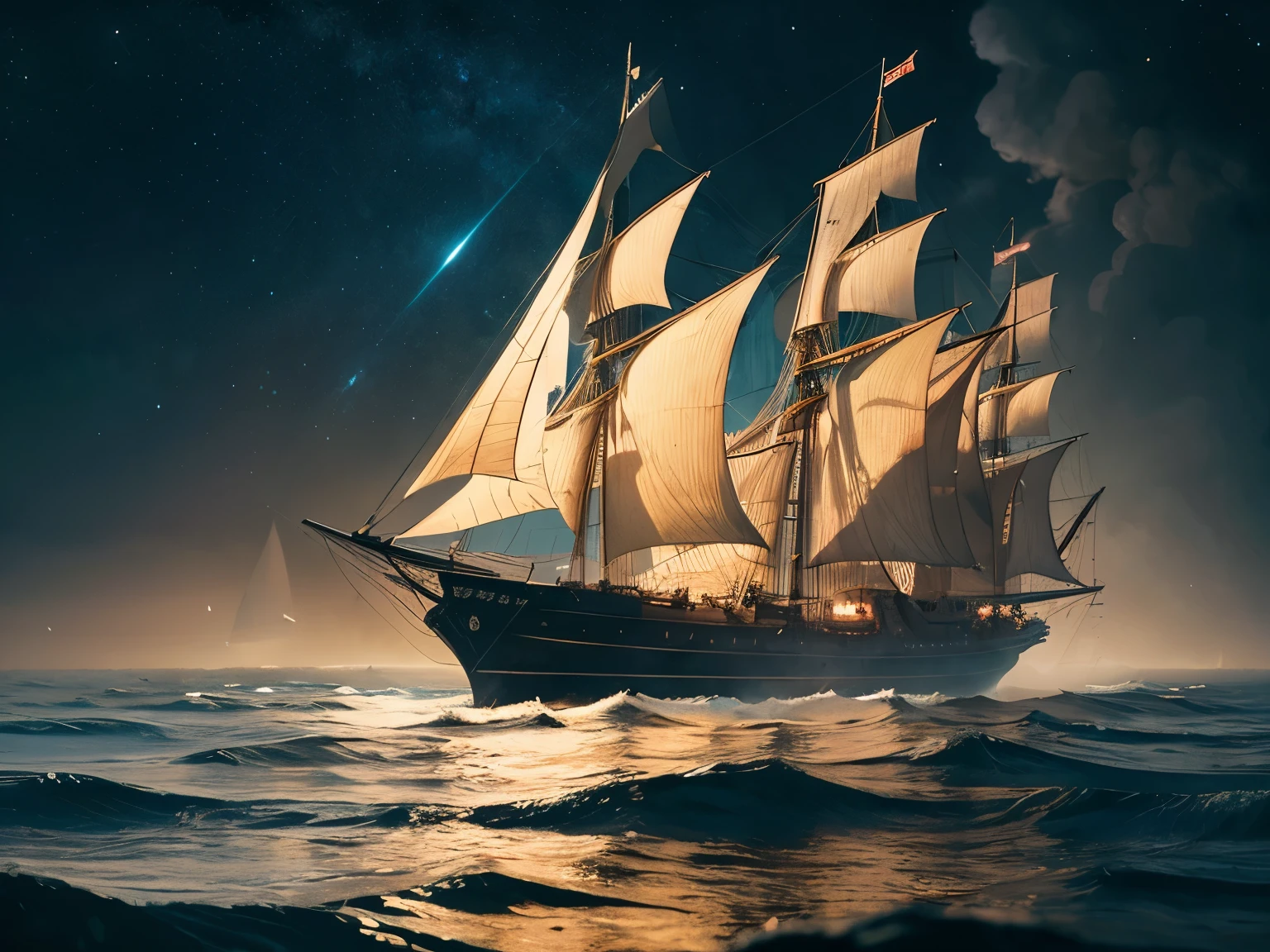 A magnificently billowing nebulous solar sailer, its ethereal sails shimmering with iridescent colors against the dark expanse of space. This fantastical spacecraft is depicted in a detailed and vividly colored digital painting, showcasing intricate designs and textures that appear almost lifelike. The scene captures the beauty and grandeur of this otherworldly vessel, with every intricate detail meticulously rendered to create a truly immersive and visually stunning image.