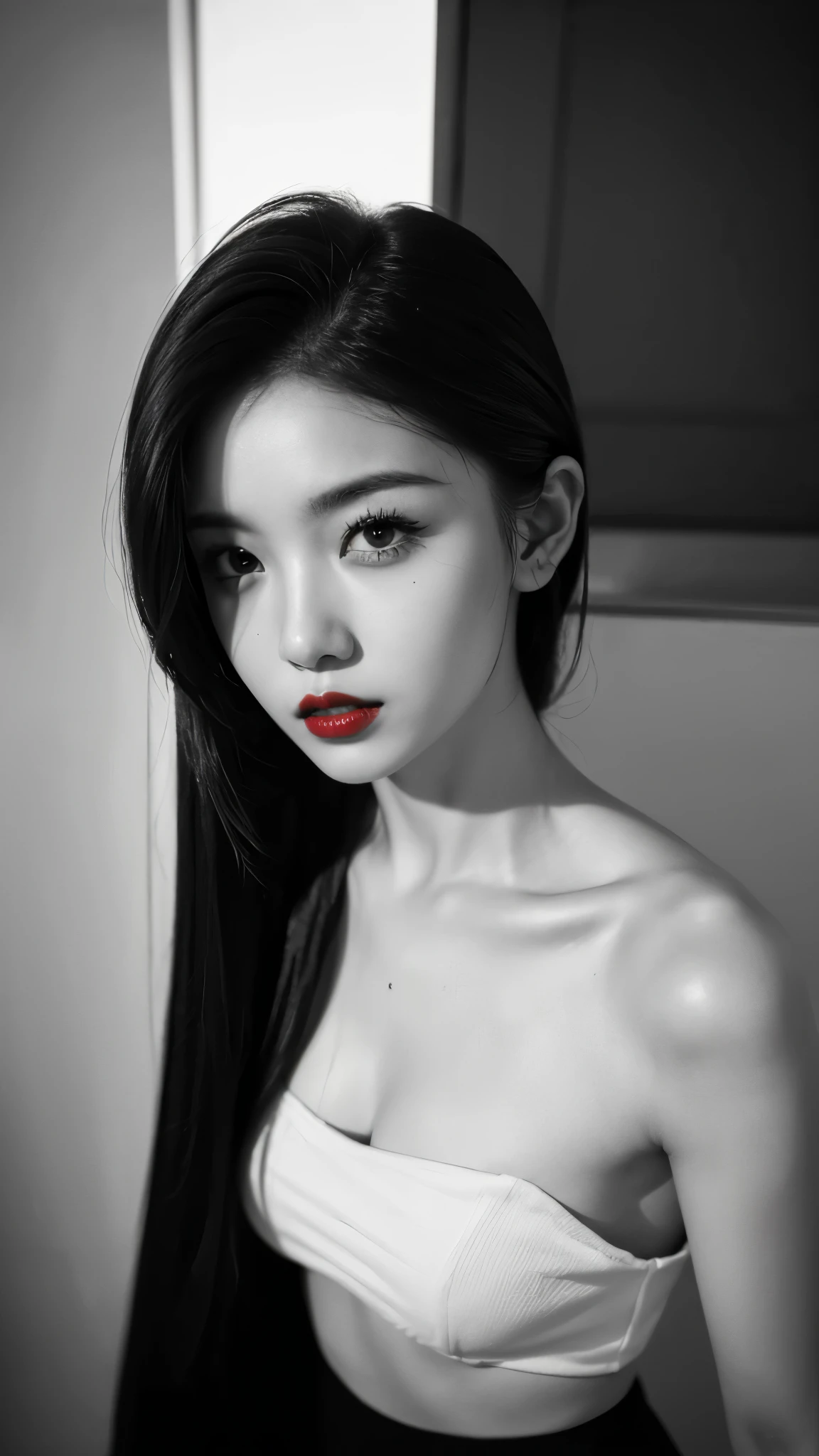 (((Black and White Art:1.2、A black and white photo、RAW photos、Film Grain)))、Beautiful woman、Small nose、((Full lips、Sexy red lips:1.3))、Attractive hairstyle、skirt、best quality、high resolution、high resolution、movie lighting、A black and white photo、Professional photographer