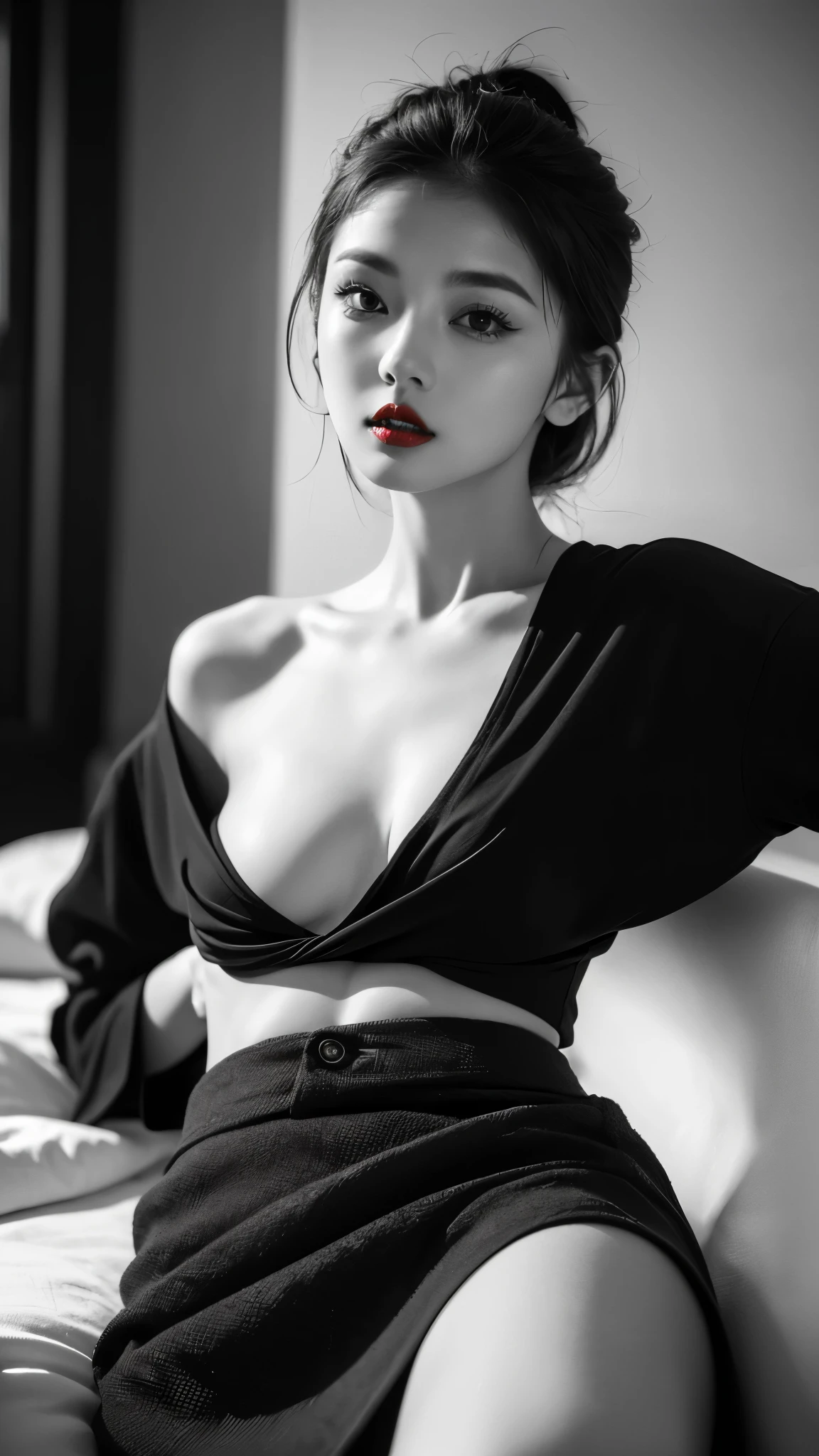 Taki, sitting on a table , (heavy eyeshadow), slender, (collar:1), White open shirt, no bra, pendant, fantasy art, concept art, highly detailed, high quality, 8k, delicate features, feminine, seductive, Chiaroscuro lighting, (style of howard chandler christy:1.0), (charcoal sketch by jean-joseph benjamin-constant:1.3)
