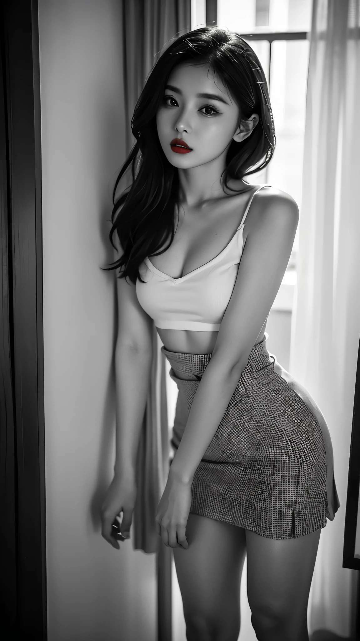 (((Black and White Art:1.2、A black and white photo、RAW photos、Film Grain)))、Beautiful woman、Small nose、((Full lips、Sexy red lips:1.3))、Attractive hairstyle、skirt、best quality、high resolution、high resolution、movie lighting、A black and white photo、Professional photographer