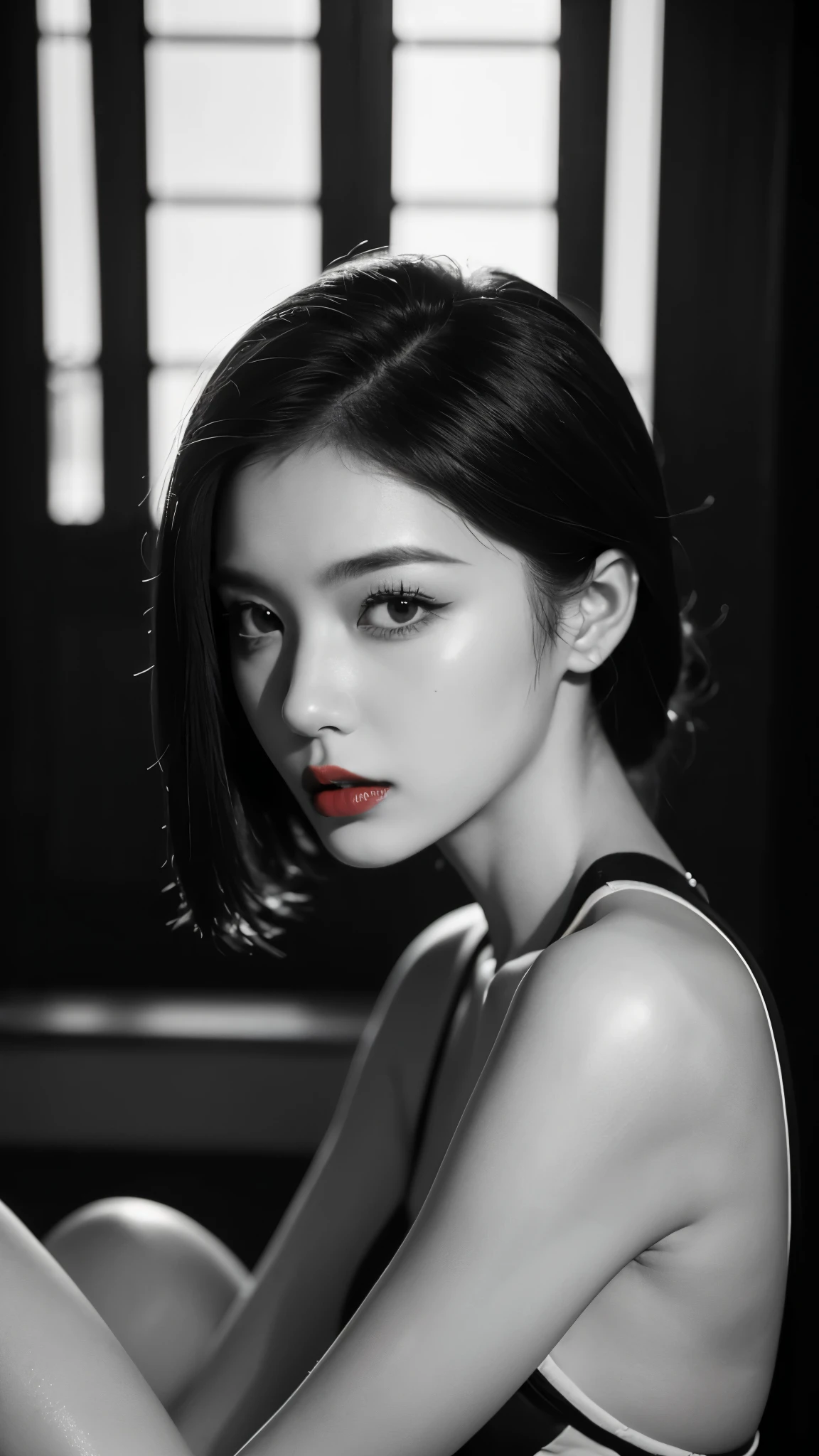 (((Black and White Art:1.2、A black and white photo、RAW photos、Film Grain)))、Beautiful woman、Small nose、((Full lips、Sexy red lips:1.3))、Attractive hairstyle、skirt、best quality、high resolution、high resolution、movie lighting、A black and white photo、Professional photographer
