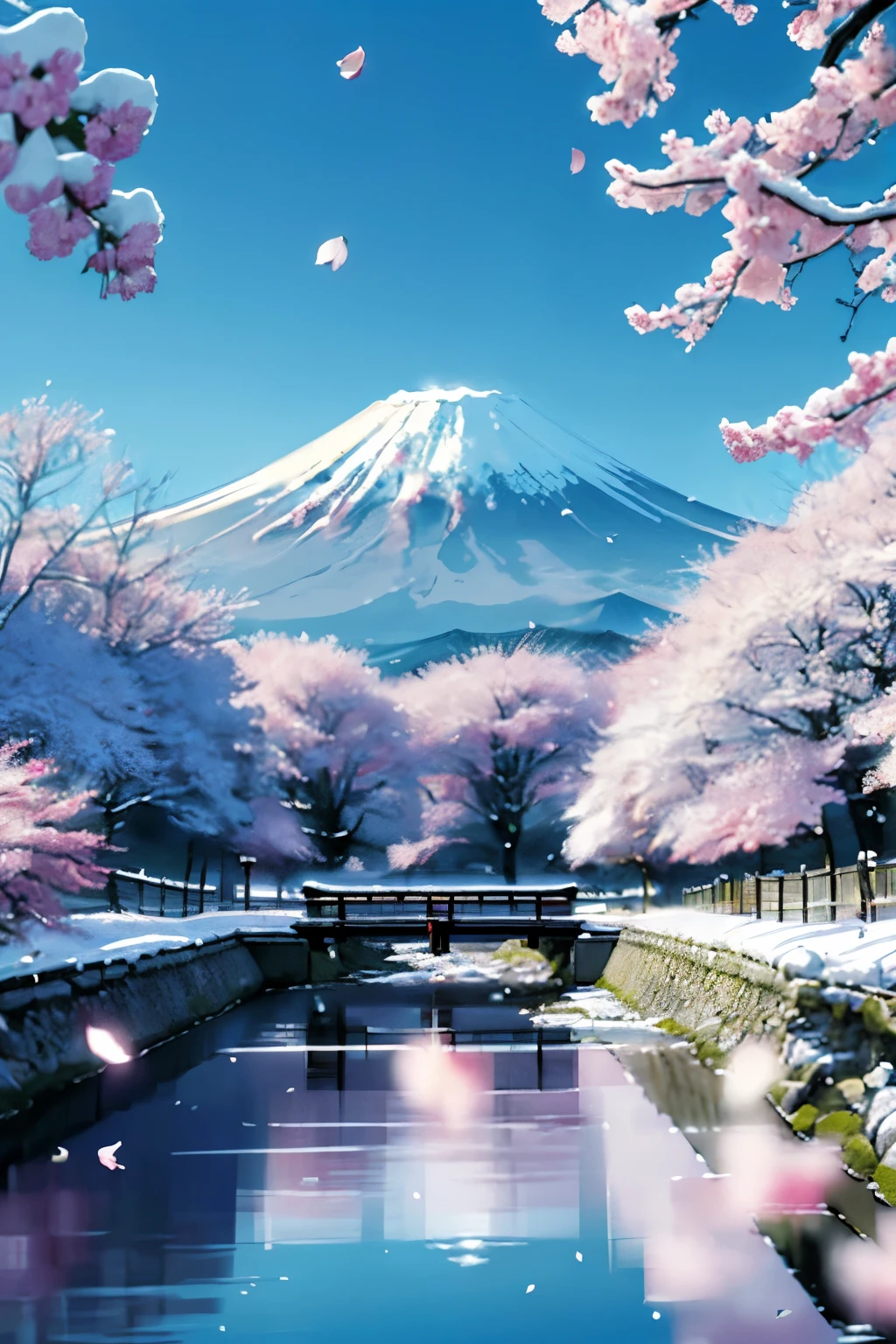 ((Top quality Fuji, a beautiful symbol of Japan, with snow hanging in the center, and rows of pale pink Someiyoshino cherry trees on either side, with cherry petals dancing in the wind, creating a gentle and soft natural beauty, and a large park with an open view in the center foreground, all in high quality.quality)), ((masterpiece)), (detailed), Perfect Mount Fuji