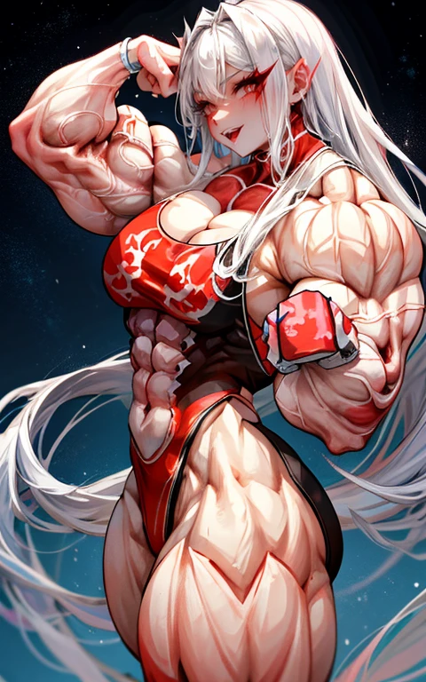 1 girl,White skin,dark风,Wear leg rings,long white hair,Black eyeshadow,Red Eyes,control,dark,sickle,Goddess of Death,Succubus,Smile,Sticking out tongue,(((Bodybuilder:1.5)))(((Beauty)))