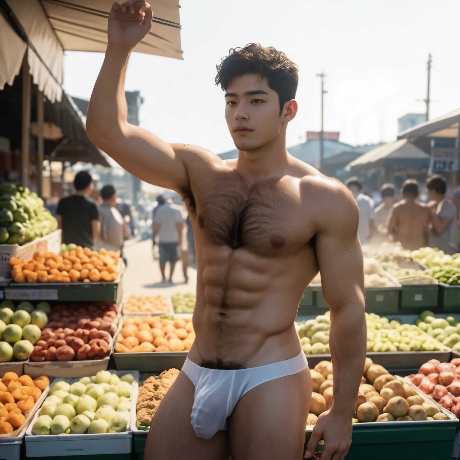 Fruit display In the background, market, market display In the background, vegetable display In the background, very hairy armpits, hairy pubic, hairy crotch, hairy body, In the charming picture there is a handsome Chinese  boy with his big bulge, muscular body, background in the sky has big bold sun,  His charm radiated as he proudly showed off his sweaty very hairy armpits in a full standing pose.. He wore a white sexy thong, that highlighted his figure, He stood in the middle of the crowded traditional market environment., Bathed in the golden light of a beautiful day. With unparalleled attention to detail., This photorealistic portrait combines the style of National Geographic., Capture every detail of his textured skin in 8k resolution. Leica digital SLR camera. His features were clearly visible., From the deep-set eyes to the chiselled jawline., Make this image a true masterpiece..Lift. (8K UHD、RAW Photography、Photorealistic Portrait Leica Digital SLR、Lifelike images), big bulge in his very thin thong