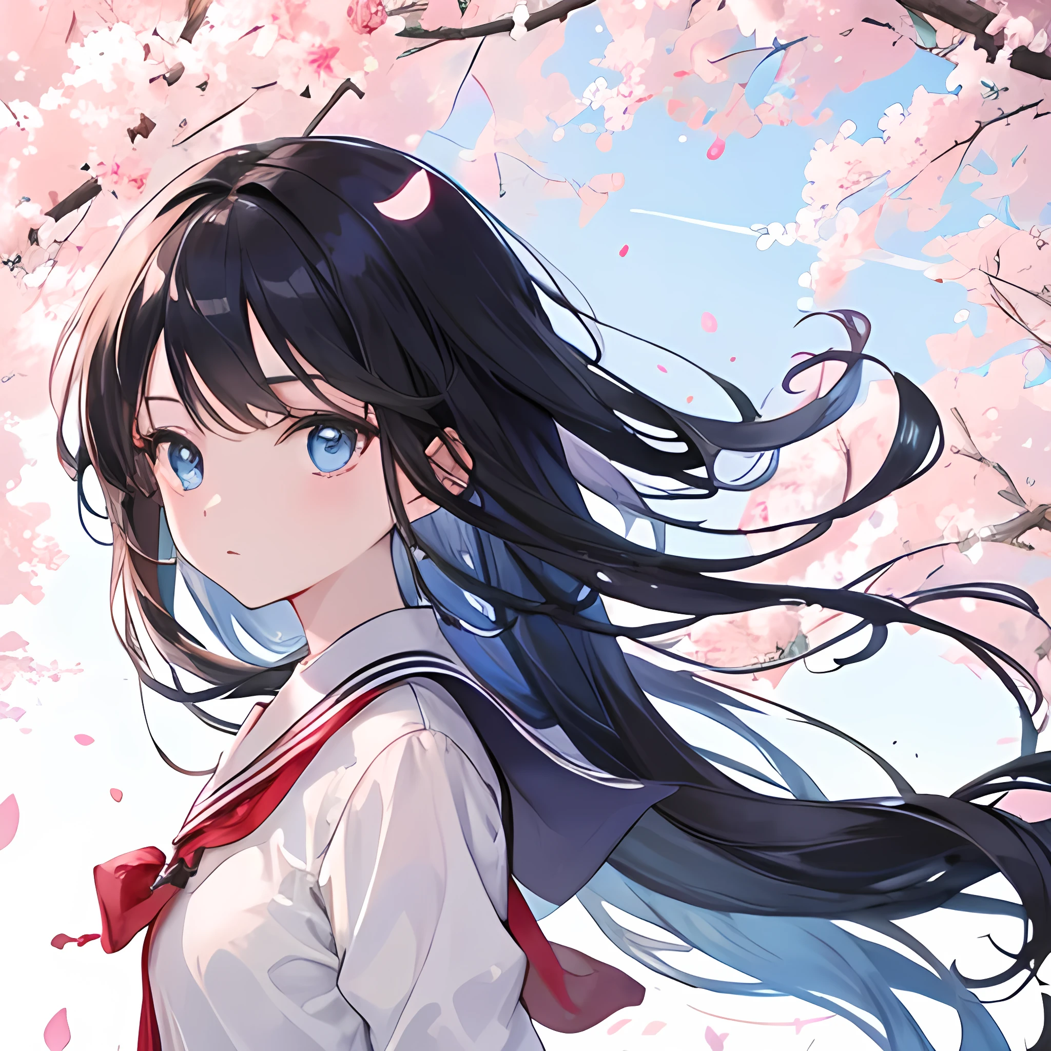 Icon, Anime girl, long hair, black hair, blue eyes, neutral expression, hair flying in the wind, School scenery, looking at the viewer, go flying in the wind, cherry trees, petals falling to the ground, looking at the viewer, neutral expression.