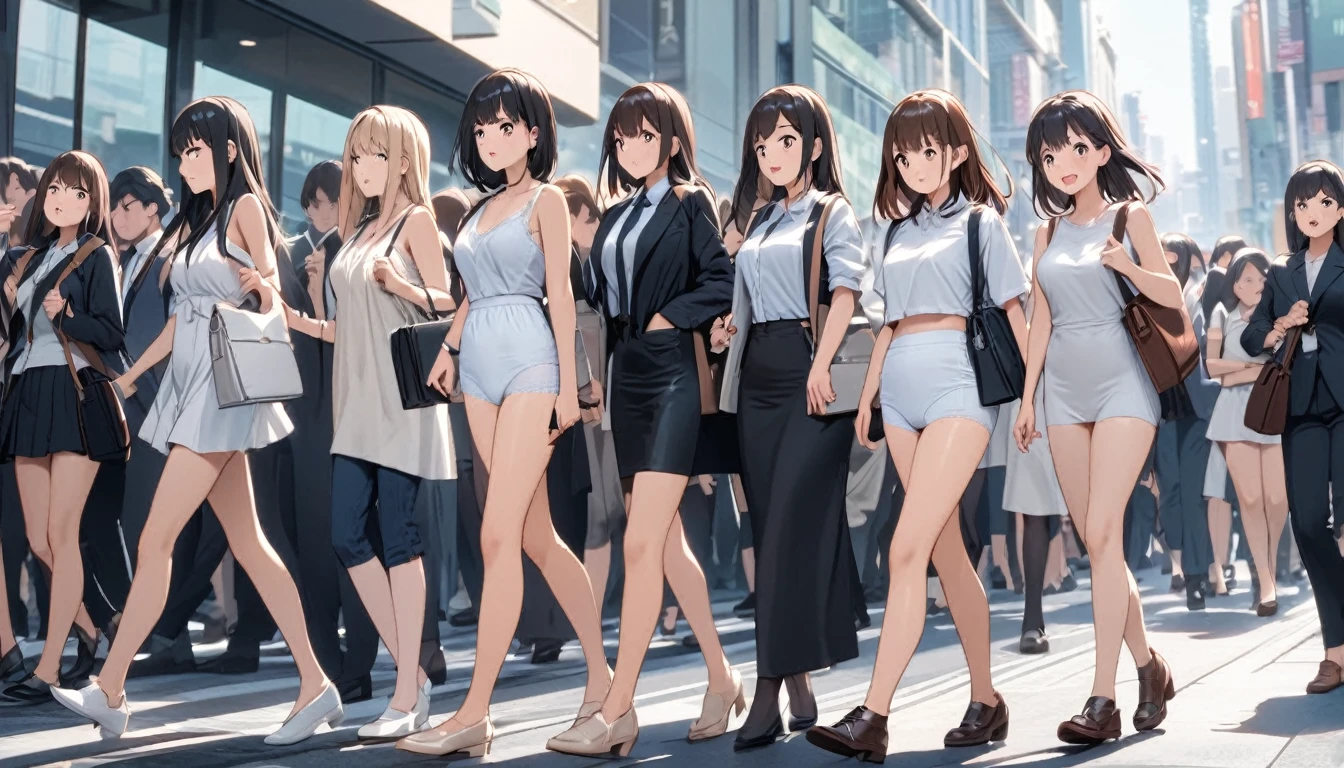 A crowd of girls wearing white underwears, White tank top underwear,White camisole underwear, White panties underwear,leather shoes and shoulder bags commuting to work