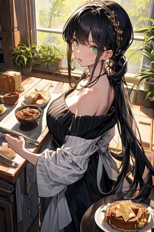 (small breasts:1.3), (perky chest:1.1), (pointed chest:1.0), (Pudding cake magazine cover:1.3),(from above:1.0),(from side:0.9),masterpiece, 1girl, Amazing Cleavage:1.1, thin waist, big ass, Raised sexy, small breast: 1.3, posed cleavage:1.2、solo, looking at viewer, open mouth, have a cute grass of cute beergrass,black hair, dark green eyes, dress, bare shoulders, jewelry, collarbone, sidelocks, hairband, earrings, indoors, off shoulder, :o, sweater, arms behind back, plant, short hair with long locks, gild hairband, off-shoulder dress, sweater dress, off-shoulder sweater, red sweater, dark gord hair, big side hair, very long side hair,is rendered in (masterpiece: 1.2, best quality), with (ultra high resolution) and an exquisite (depth of field). This masterpiece is not only visually stunning but also tells,A scene of cooking in the kitchen by classroom