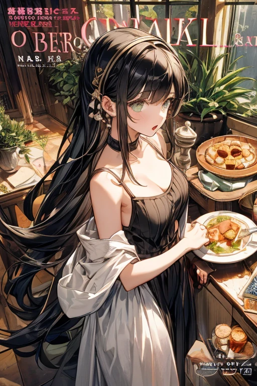 (small breasts:1.3), (perky chest:1.1), (pointed chest:1.0), (Pudding cake magazine cover:1.3),(from above:1.0),(from side:0.9),masterpiece, 1girl, Amazing Cleavage:1.1, thin waist, big ass, Raised sexy, small breast: 1.3, posed cleavage:1.2、solo, looking at viewer, open mouth, have a cute grass of cute beergrass,black hair, dark green eyes, dress, bare shoulders, jewelry, collarbone, sidelocks, hairband, earrings, indoors, off shoulder, :o, sweater, arms behind back, plant, short hair with long locks, gild hairband, off-shoulder dress, sweater dress, off-shoulder sweater, red sweater, dark gord hair, big side hair, very long side hair,is rendered in (masterpiece: 1.2, best quality), with (ultra high resolution) and an exquisite (depth of field). This masterpiece is not only visually stunning but also tells,A scene of cooking in the kitchen by classroom