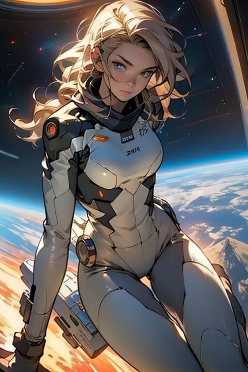 sandy hair fit body large breasts slender thighs slender waist pilot suit solo looking at viewer in space long hair blushing determination, 8k, extreme detail,