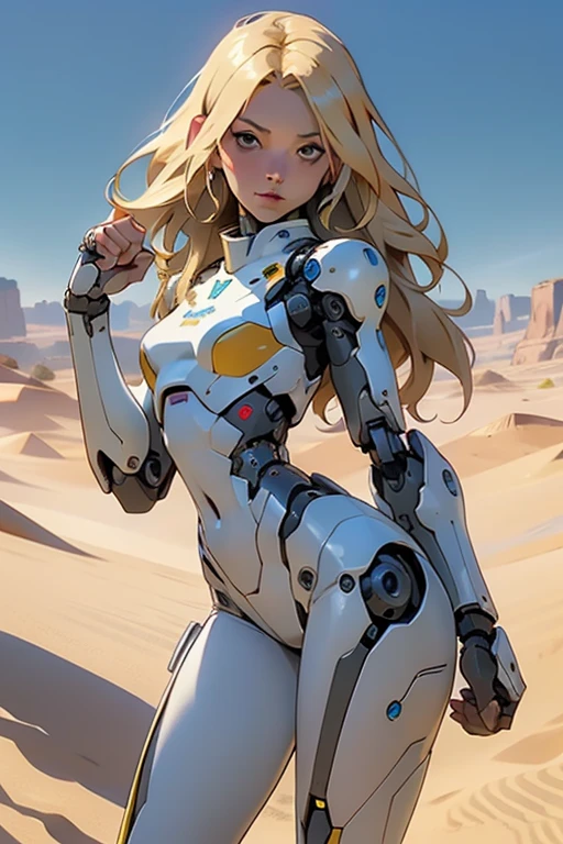 high quality, 4k, masterpiece, beautiful, cyborg girl, cowboy shot, dull eyes, looking at viewer, long blonde hair, girl, small breasts, fit thigh, robotic arms, robotic body, cyborg body, yellow accent, intricate detail, joint, detailed lines, robotic detail, holding fist up, holding hand up as fist, color robotic parts, robotic parts with color, perfect fingers, on a desert planet, sunny background, colorful desert,