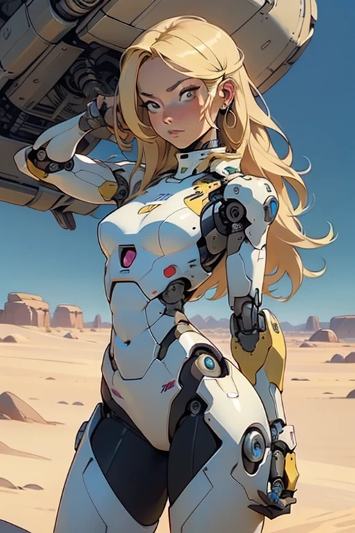 high quality, 4k, masterpiece, beautiful, cyborg girl, cowboy shot, dull eyes, looking at viewer, long blonde hair, girl, small breasts, fit thigh, robotic arms, robotic body, cyborg body, yellow accent, intricate detail, joint, detailed lines, robotic detail, holding fist up, holding hand up as fist, color robotic parts, robotic parts with color, perfect fingers, on a desert planet, sunny background, colorful desert,