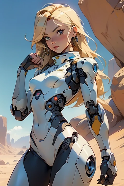 high quality, 4k, masterpiece, beautiful, cyborg girl, cowboy shot, dull eyes, looking at viewer, long blonde hair, girl, small breasts, fit thigh, robotic arms, robotic body, cyborg body, yellow accent, intricate detail, joint, detailed lines, robotic detail, holding fist up, holding hand up as fist, color robotic parts, robotic parts with color, perfect fingers, on a desert planet, sunny background, colorful desert,