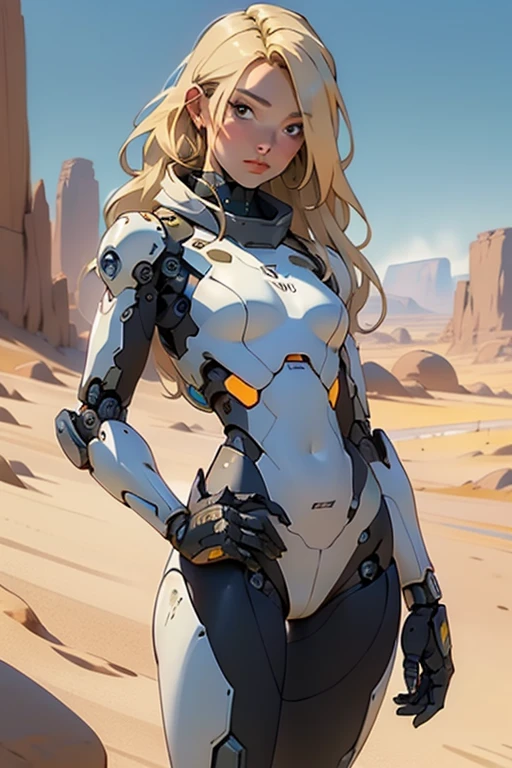 high quality, 4k, masterpiece, beautiful, cyborg girl, cowboy shot, dull eyes, looking at viewer, long blonde hair, girl, small breasts, fit thigh, robotic arms, robotic body, cyborg body, yellow accent, intricate detail, joint, detailed lines, robotic detail, holding fist up, holding hand up as fist, color robotic parts, robotic parts with color, perfect fingers, on a desert planet, sunny background, colorful desert,