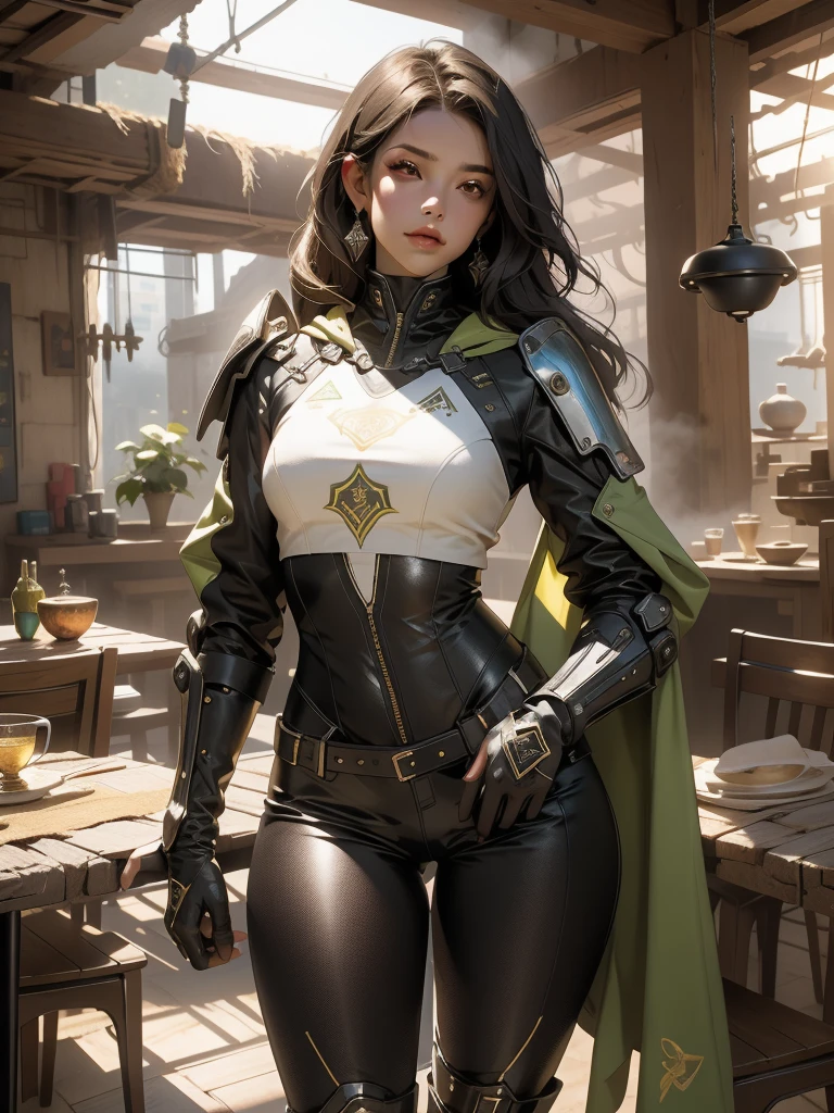 ((Melhor qualidade)), ((obra-prima)), (detalhado: 1.4), (Absurdo), mulher latina, corpo definido, coxas meio grossas, boca fechada, coberta por roupa de gladiadores, Post-apocalyptic cyberpunk style, ((middlebreasts)), (olhos lindos), ((roupa nas cores da bandeira do Brasil)), (((cabelo cacheado))), (inclua estrelas de 5 pontas no uniforme), close to the real, psicopata, cara de louca, pose sexy, no fundo designs intrincados feitos por Shepard Fairey, ombreiras super detalhadas, nijistyle, centralizada, scale to fit dimensions, HDR (High Dynamic Range),Ray Tracing,NVIDIA RTX,Super-Resolution,Unreal 5,Subsurface scattering, Textura PBR, Post-processing, anisotropic filtering, Profundidade de campo, Maximum clarity and sharpness, Texturas multicamada, Albedo e mapas especulares, surface shading, Accurate simulation of light-material interaction, perfectly proportions, Octane Render, Two-tone lighting, Ampla abertura, Baixo ISO, white-balance, thirds rule, 8K RAW