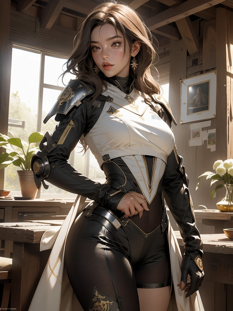 ((Melhor qualidade)), ((obra-prima)), (detalhado: 1.4), (Absurdo), mulher latina, corpo definido, coxas meio grossas, boca fechada, coberta por roupa de gladiadores, Post-apocalyptic cyberpunk style, ((middlebreasts)), (olhos lindos), ((roupa nas cores da bandeira do Brasil)), (((cabelo cacheado))), (inclua estrelas de 5 pontas no uniforme), close to the real, psicopata, cara de louca, pose sexy, no fundo designs intrincados feitos por Shepard Fairey, ombreiras super detalhadas, nijistyle, centralizada, scale to fit dimensions, HDR (High Dynamic Range),Ray Tracing,NVIDIA RTX,Super-Resolution,Unreal 5,Subsurface scattering, Textura PBR, Post-processing, anisotropic filtering, Profundidade de campo, Maximum clarity and sharpness, Texturas multicamada, Albedo e mapas especulares, surface shading, Accurate simulation of light-material interaction, perfectly proportions, Octane Render, Two-tone lighting, Ampla abertura, Baixo ISO, white-balance, thirds rule, 8K RAW