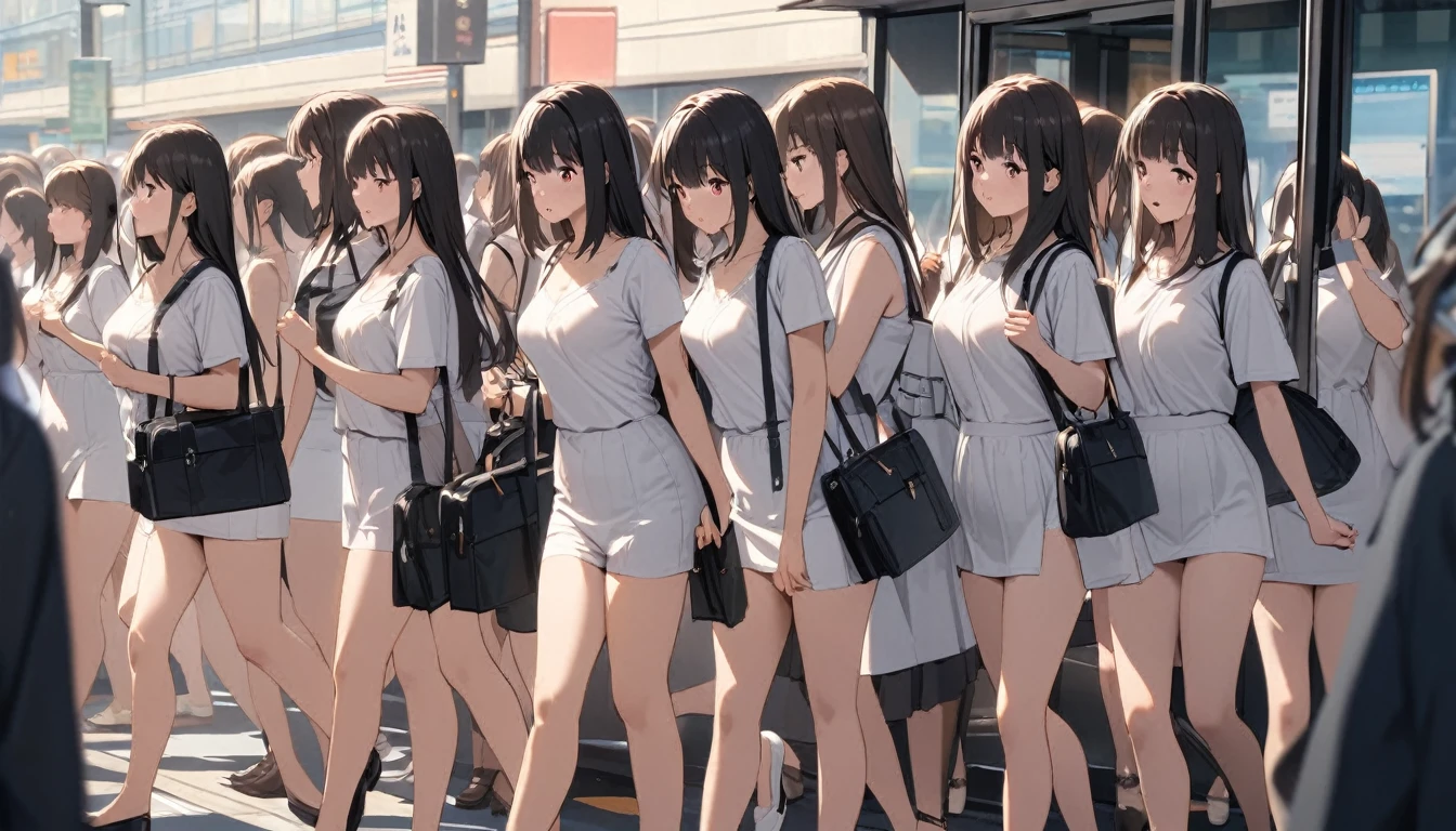 A crowd of girls wearing sleeveless white underwears, sleeveless White tank top underwear,sleeveless White camisole underwear, White panties underwear,leather shoes and shoulder bags commuting to work,Everyone in the same underwear,multiple girls, 200+ girls
