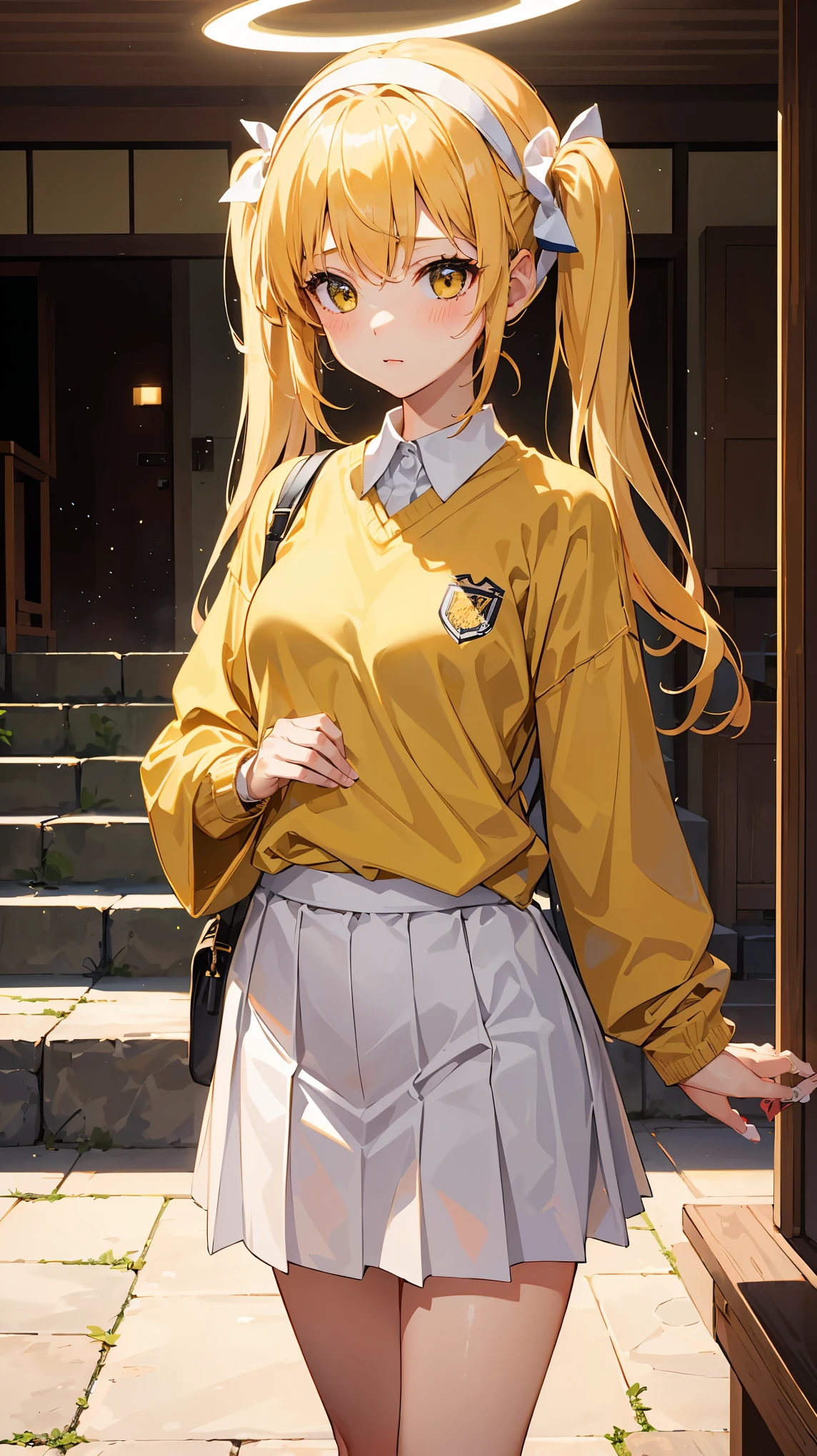 1girl, (shy:1.1, :3, blush:1.1, twintail hair, white headband:1.1), yellow hair, white eyes, angel halo, small breast, cute, wallpaper, landscape, depth of field, morning, school church, light particles, light rays, sidelighting, japanese school, (japanese school shirt), japanese long school skirt, (yellow sweater, open sweater:1.3)