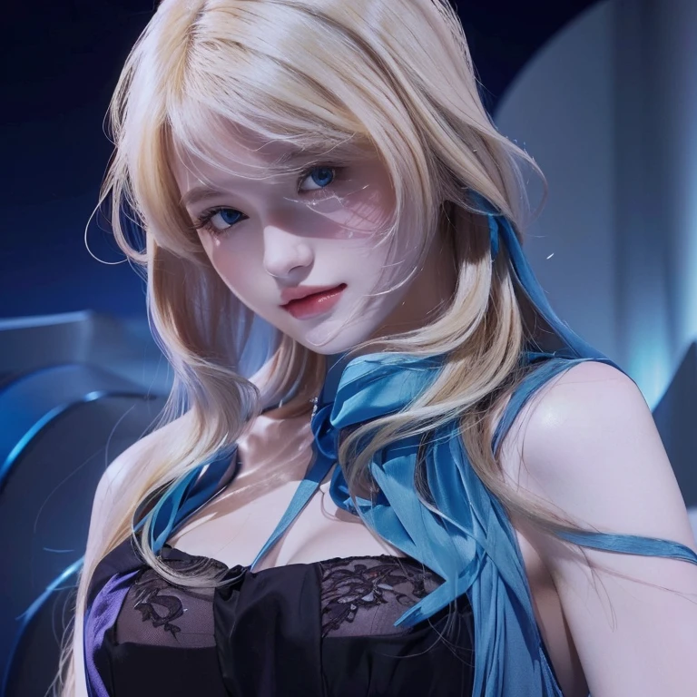 blond woman with long hair and blue dress posing for a picture, beautiful girl, realistic girl, hot girl