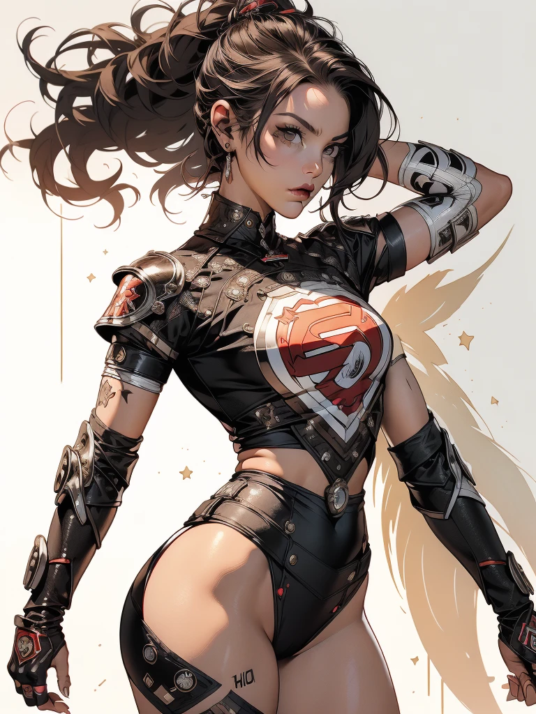 (((mulher))), (((melhor qualidade))), (((obra prima))), (((adulto))), (((1girl))), ((( corte de cabelo moicano ))), Uma gladiadora cyberpunk mulher de 25 anos com corpo perfeito, alien armor, h.r. Estilo Giger, shoulder pads with metal spines, Gladiadores do Brooklyn, (( corte de cabelo moicano )), tiny leather panties, camiseta de time de rugby rasgada, quase nua no estilo selvagem urbano de Simon Bisley para a capa da revista Heavy Metal, Cabelo loiro curto, Minimum clothing, Metal protection on the left arm with intricate graphics, Dark red with white stars and black and white checkerboard pattern, armadura, cheio de pontas e rebites, (((do joelho pra cima))), cabelos loiro branco curto, no fundo uma parede pintada por Shepard Fairey com um design intrincado