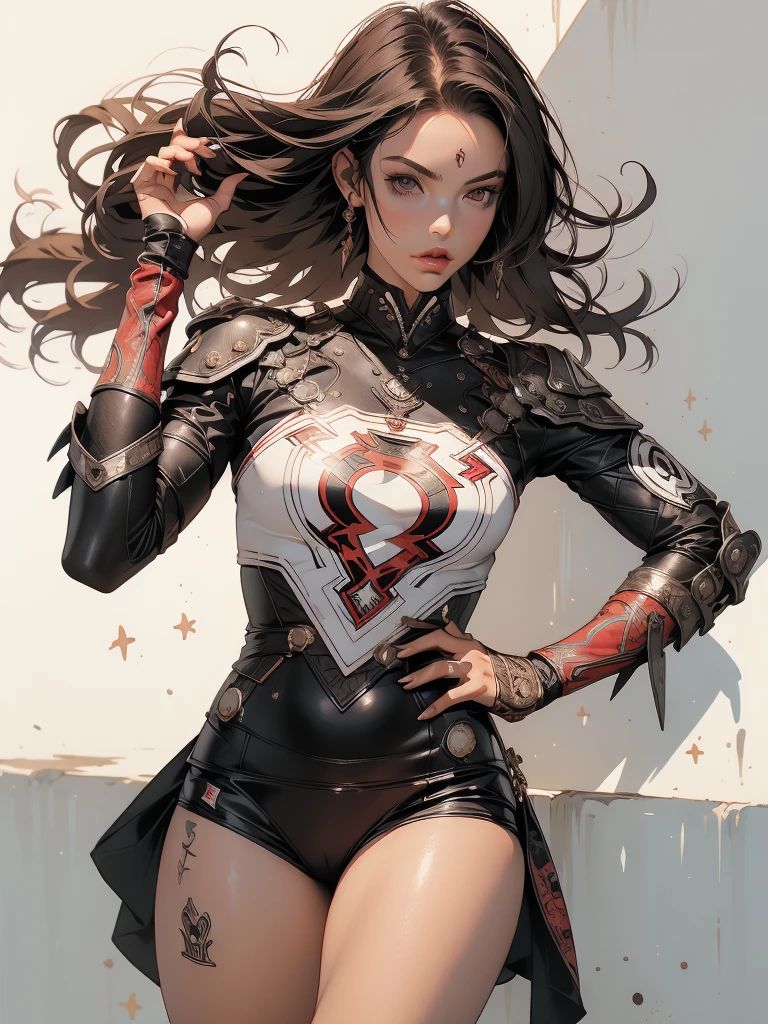 (((mulher))), (((melhor qualidade))), (((obra prima))), (((adulto))), (((1girl))), ((( corte de cabelo moicano ))), Uma gladiadora cyberpunk mulher de 25 anos com corpo perfeito, alien armor, h.r. Estilo Giger, shoulder pads with metal spines, Gladiadores do Brooklyn, (( corte de cabelo moicano )), tiny leather panties, camiseta de time de rugby rasgada, quase nua no estilo selvagem urbano de Simon Bisley para a capa da revista Heavy Metal, Cabelo loiro curto, Minimum clothing, Metal protection on the left arm with intricate graphics, Dark red with white stars and black and white checkerboard pattern, armadura, cheio de pontas e rebites, (((do joelho pra cima))), cabelos loiro branco curto, no fundo uma parede pintada por Shepard Fairey com um design intrincado