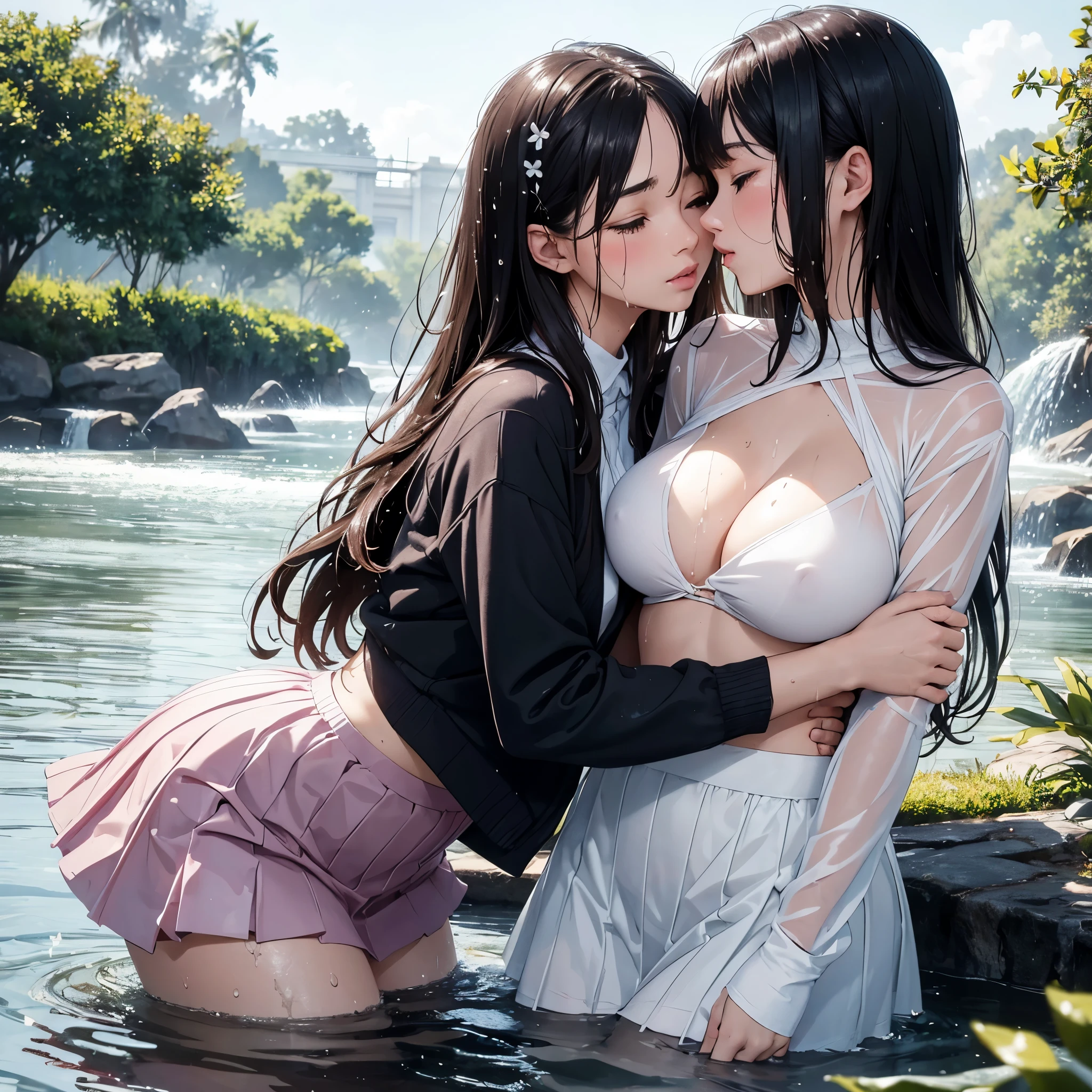 Two women embracing in water, bodies pressed together, ((lips touching)), romantic, lively, in water up to their chests, masterpiece, best quality, highres, hmsl1, hair flower, x hair ornament, white sweater, purple jacket, flower, long sleeves, open clothes, black bow, sleeves past wrists, skirt, standing,  soaked,  drenched, ((wet clothes)), ((fully clothed)), splashing, dripping wet