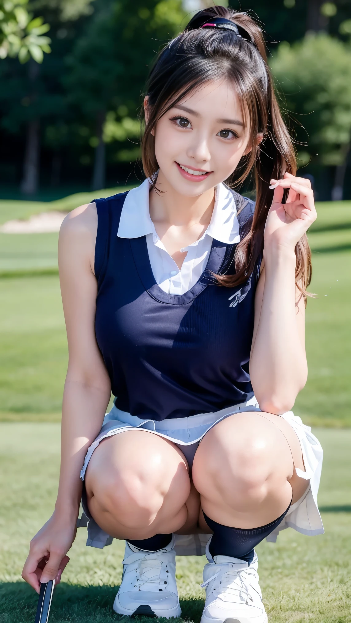 Masterpiece,highest quality,Highest quality,8k,Ultra-high resolution,Extremely detailed,Beautiful Japanese woman in golf wear, Real person, Detailed body,smile,sexy,glamorous,tall,ponytail,Large Breasts,G-Cup,Big Ass,Sun visor,Sleeveless polo shirt worn next to bare skin(see-through),A mini skirt worn on bare skin(see-through),Knee-high socks,squat,Get down on one knee,Live Action, Skirt flip, (A woman happily practices with a putter in hand, discussing the grain of the putting line with her classmate.),