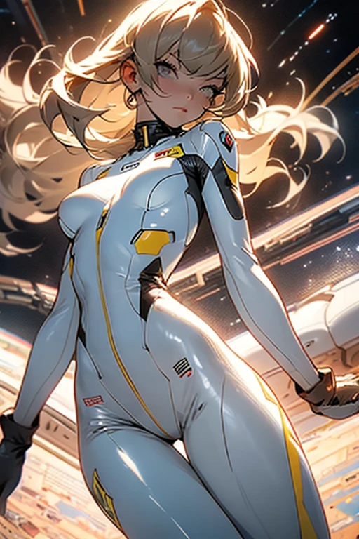 sandy hair fit body large breasts slender thighs slender waist pilot suit solo looking at viewer in space long hair blushing determination, 8k, extreme detail,