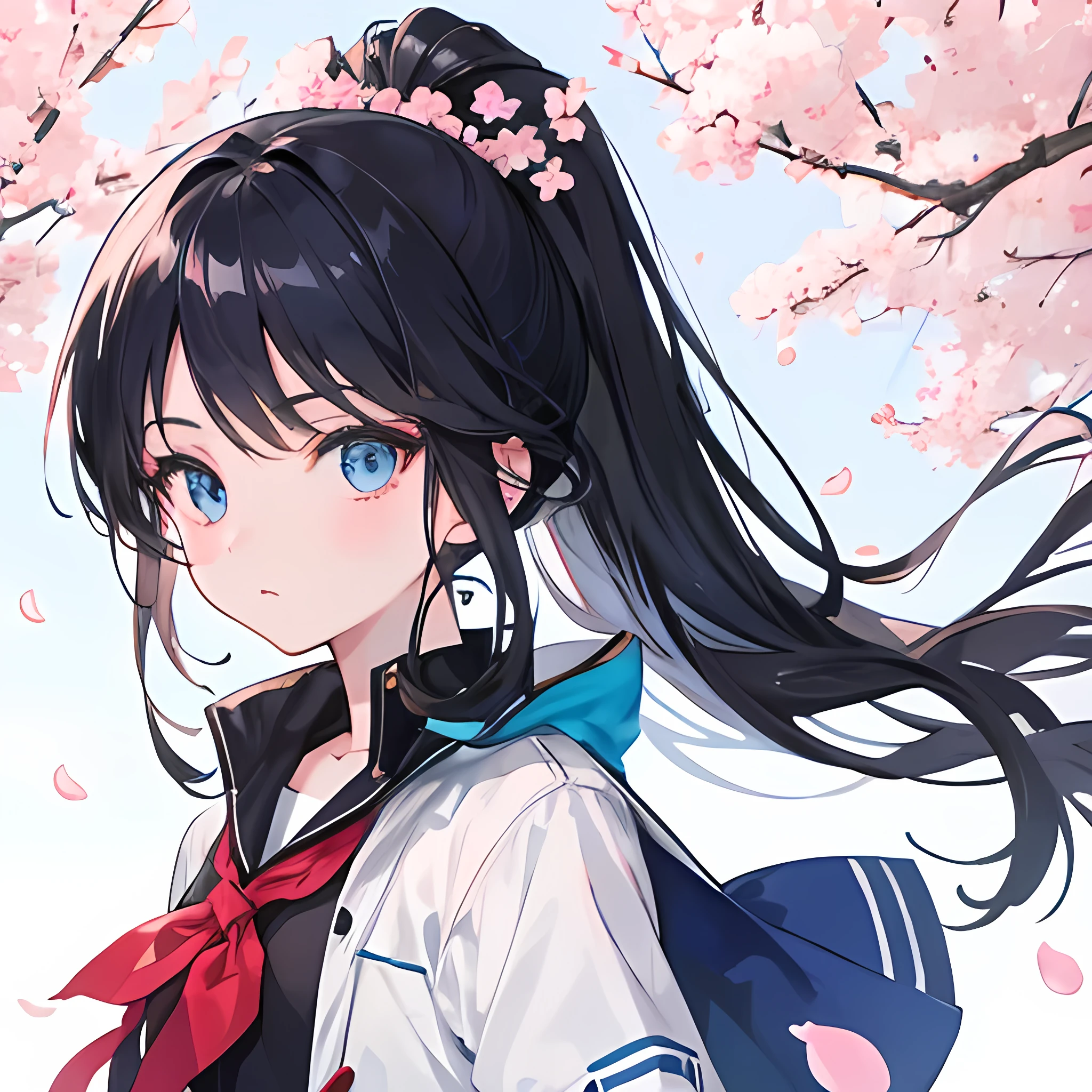 Icon, Anime girl, long hair, black hair, blue eyes, tied hair, ponytail, go flying in the wind, cherry trees, petals falling to the ground, looking at the viewer, neutral expression.