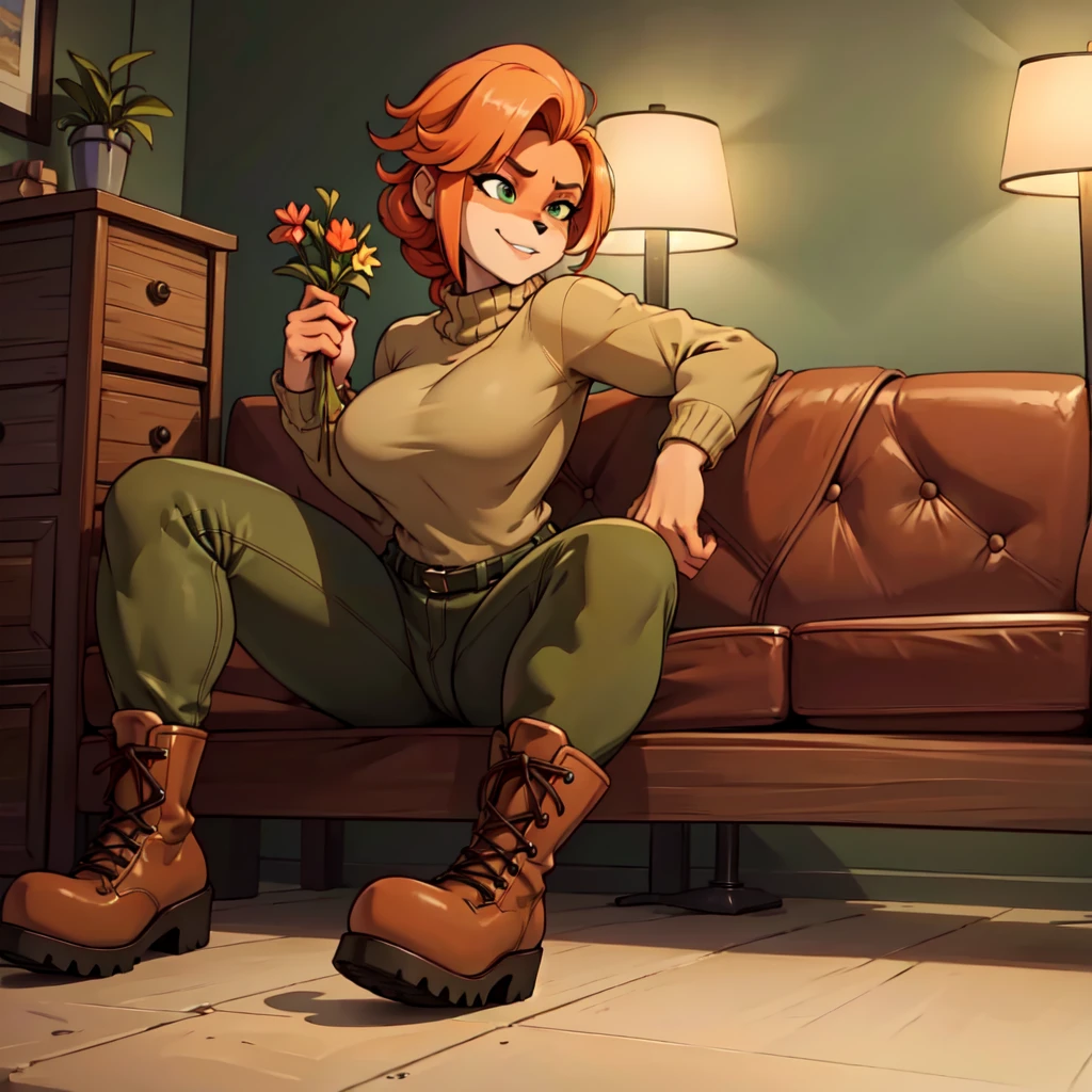 (best quality,4k,8k,highres,masterpiece:1.2),ultra-detailed,realistic:1.37,portrait,3 anthro bandicoot girls lesbian redhead, braided hair, beautiful green eyes,  sexy ,seductive, warm sweater, camouflage pants, army boots, smirking, cozy lighting, vibrant colors ,three girls lesbian anthro , sweater, camouflage pants, army boots,