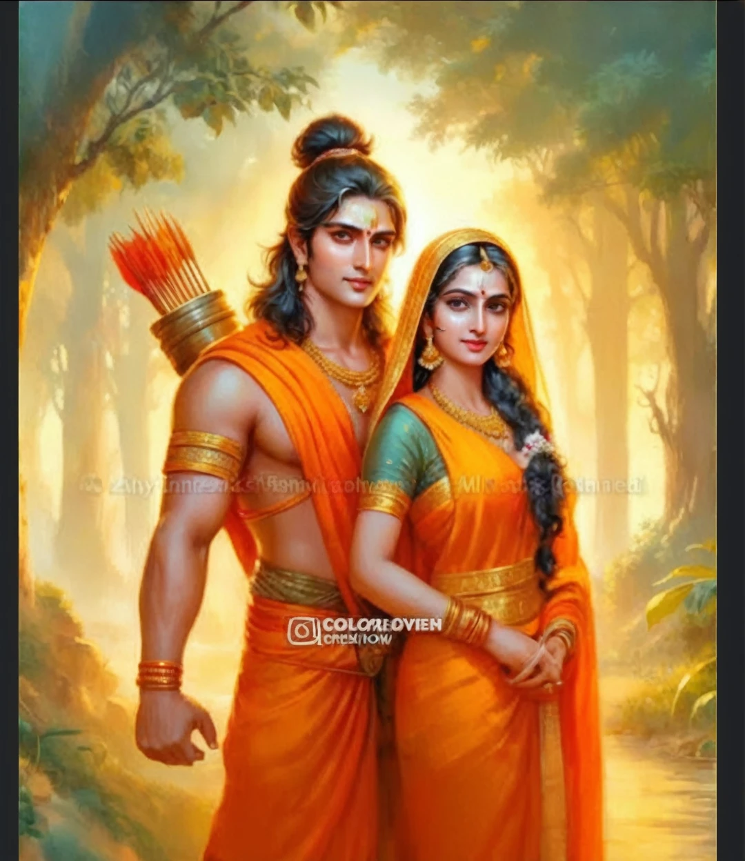 Beautiful couple of Mahabharat Arjun in white gold plated dhoti, bare upper body with ancient indian male jewelry, necklace with Subhadra of fair l, soothing, glass skin with golden glow in red saree and gold jewelry in romantic pose