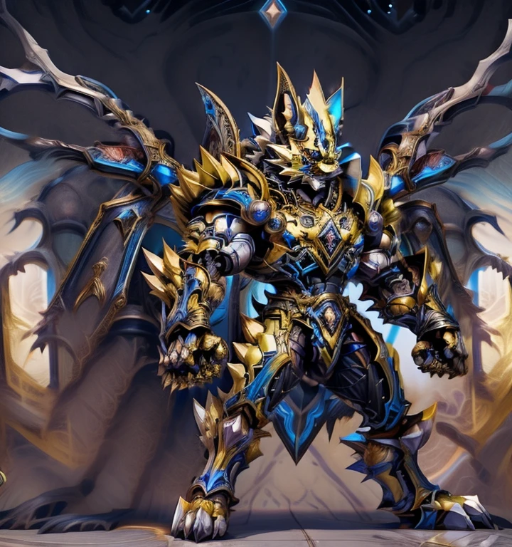 Zeraora's giant robot. (masterpiece, best quality, detailed:1.2) (Pokémon) Powered exoskeleton with the same design as Zeraora big muscle, GIANT, pecs, triceps, traps, waist narrow. bulge in the crotch, with huge golden laser sword, body full of huge muscles. also have a cloak on my back. The cloak is so long that it touches the ground, showing off muscles, mechs, Correct limbs, detailed full body, Very muscular, Large pecs, Heavyweight, Bodybuilder figure, Wearing cyberpunk mecha, big bump, sparkling skin, Vibrant colors, 4K, realism, Don't stray too far from Zeraora's design, Furry Heroes, Main is yellow COLOR, have big wings. nj5furry, big penis (black color), long legs,
