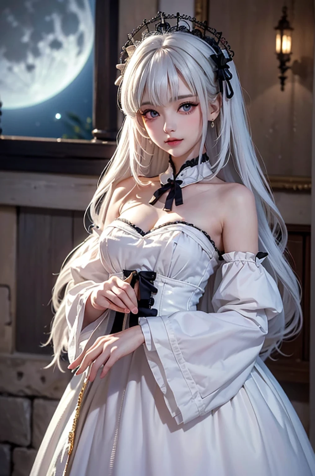 (masterpiece:1.4, best quality, 8k, dutch angle,Realistic、Photorealistic illustrations, Every detail、Intricate details)(1girl, solo)(cute girl, Detailed faces down to the smallest detail、 medium beautiful breasts, beauty white hair:1.5, Cute Asian Girl)(Gothic、ta Costume、black gothic dress、Monotone dress)(Put your hand on the wall, floating hair)(Britain in the late 20th century、A row of stone houses、out door、moon、Soft Light、Fantastic lights、Beautiful hair that shines through the light)
