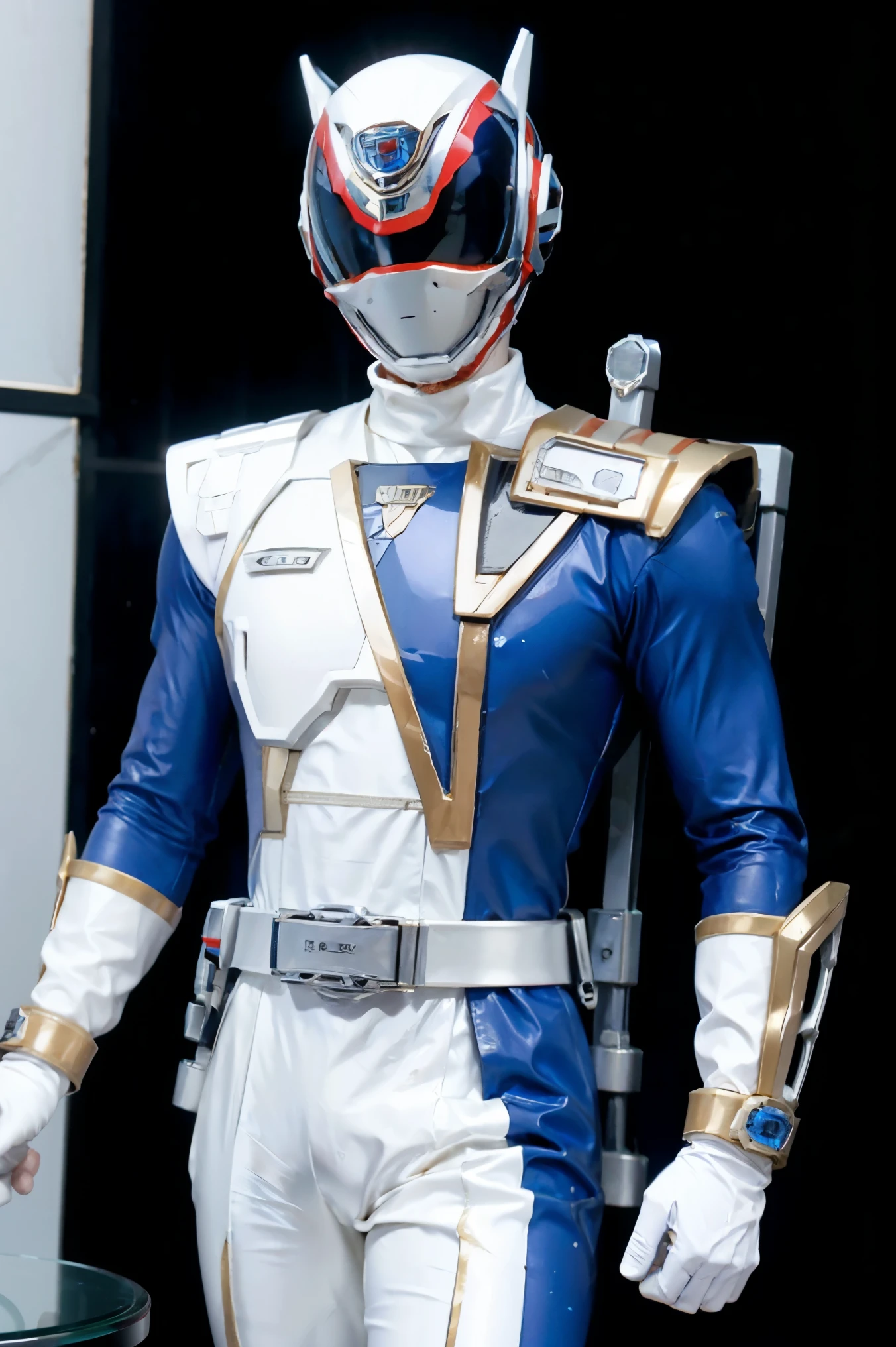 Fantasy background, cafe rpg style, empty chair, table, set of tea glass, (power rangers)), One guy、, ((white ranger suit)), red and blue chest armor with gold details, costume, Solo, ((fit figure)), (Anatomically correct), Cowboy shot, masked face, guns, muscular build