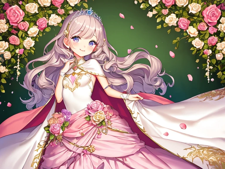 (kawaii),(best quality),(ultra detailed),(rococo style),(long train pastel pink cape:1.15), very long cape,(long train white ball gown with flower decorations:1.1), a girl is wearing a cape over her gown, 1 little princess, tiara, smile, very long hair, small breasts, beautiful detailed eyes, beautiful detailed lips, looking at viewer