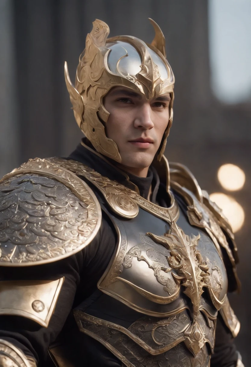 ８k、Masterpiece、Bust Shot、Front view、anime superhero. One Push Man, 、Blonde、Perfect Face、Intelligent Man,Accurate anatomy、A muscular body covered in black metal armor with inlaid details.、 Secondary Silver Color, gold and black, In Fantasy City, Very detailed, Digital Art, View the viewer, Style Art Station, The finer details, Heavy Armor,Hand２Book、feet５Book、Fingers５Book