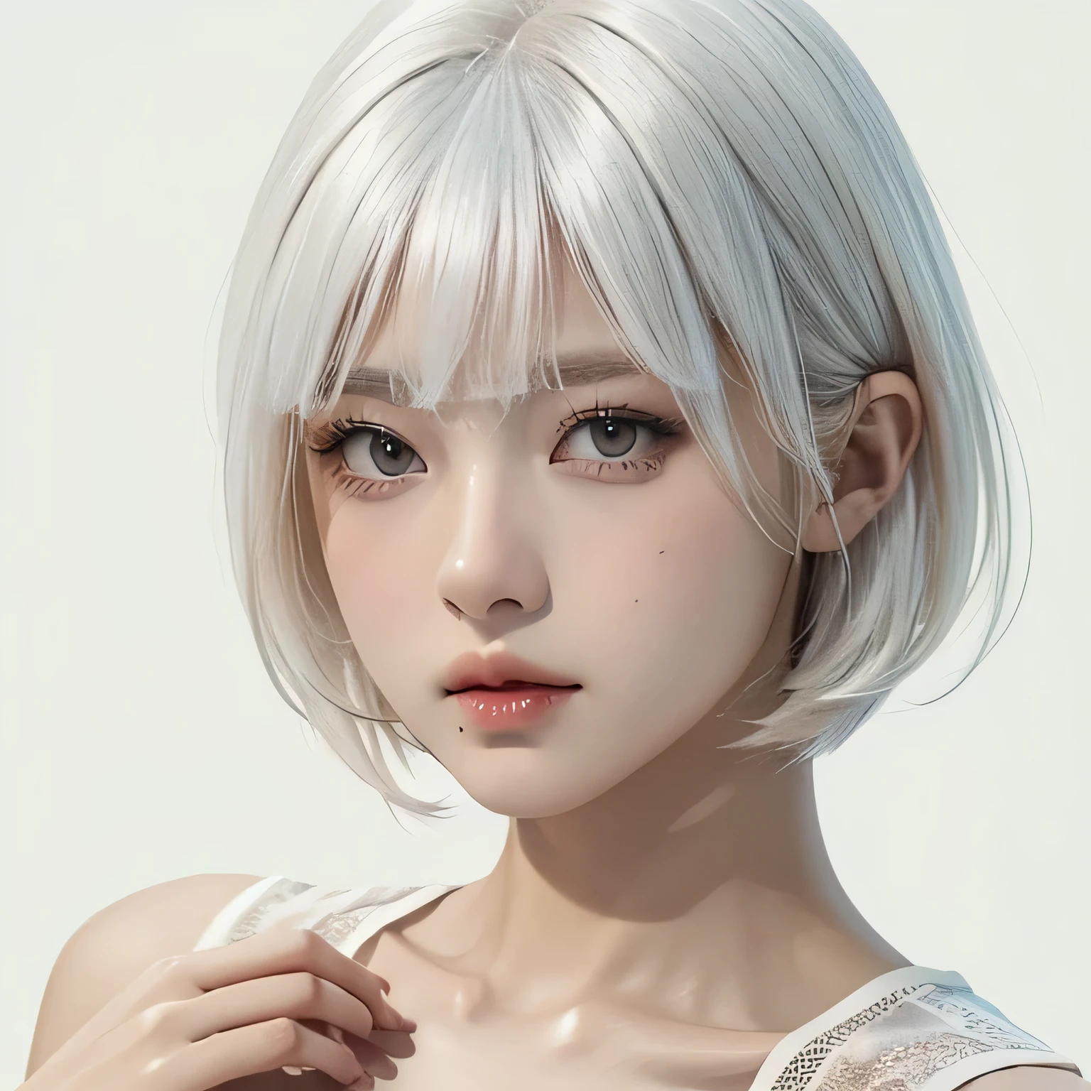 White hair, girl made of melted chocolate, upper body, thighs, girl, single, chest, looking at the audience, short hair, bangs, simple background, medium chest, sitting, closed mouth, white hair, lips, brown background, chocolate, realism