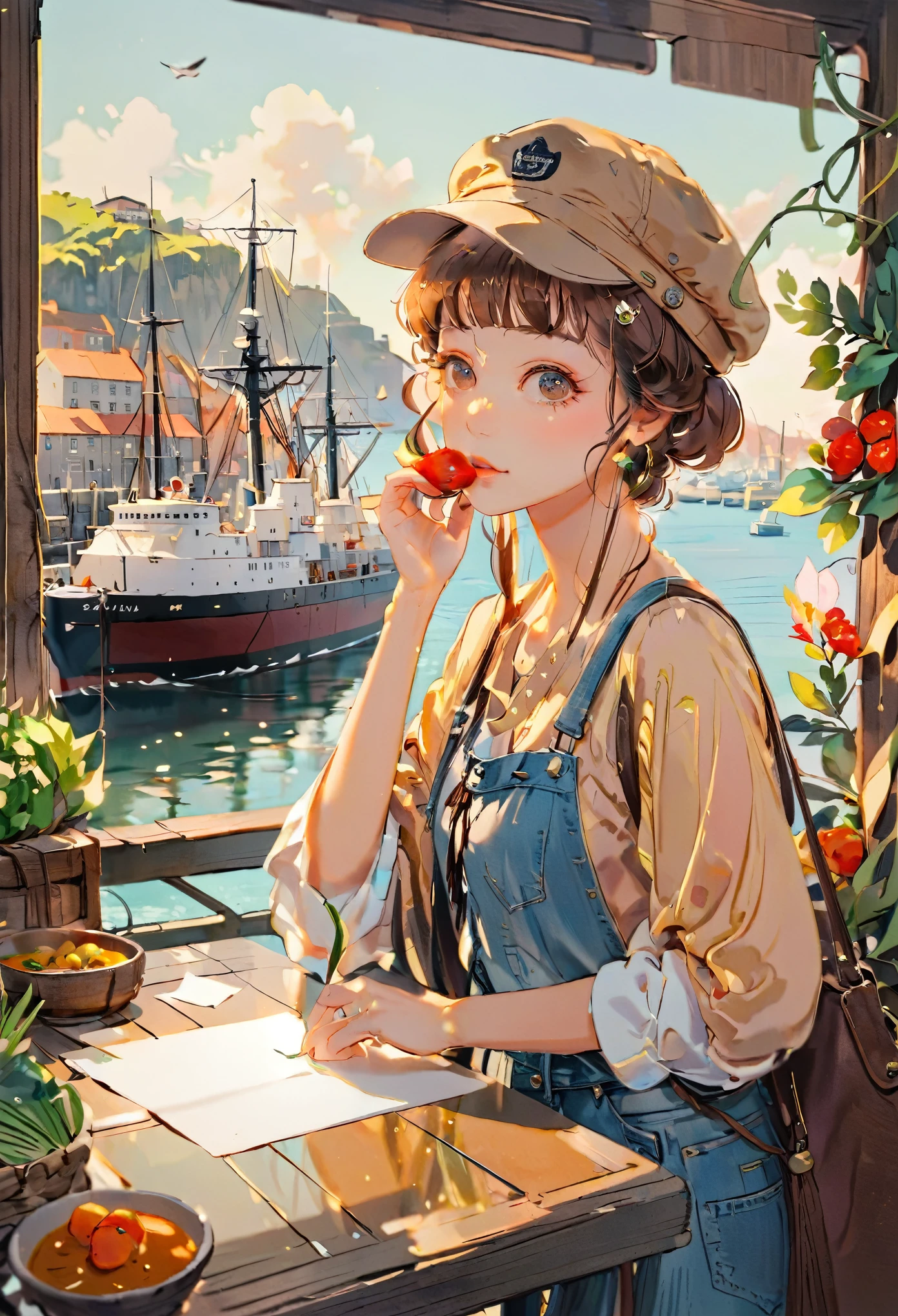 (((paper cutting style))), 1 girl, short brown curry hair, cap, shirts and denim, portfolio, harbor and ship