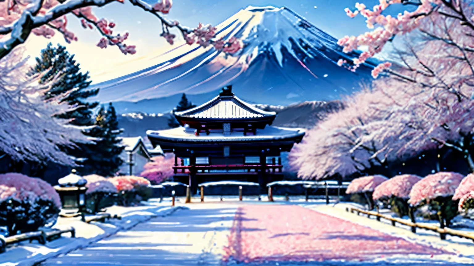 ((Top Quality)), ((Top Product)), With the beautiful symbol of Japan, Mt. Fuji, in the background, a snow hanging in the center, a row of pale pink Someiyoshino cherry blossoms on either side, cherry petals dancing in the wind, gentle and soft natural beauty and an open large park observation area in the center, the image is detailed and in high quality. ((Quality)), ((Masterpiece)), ((Detail)), Perfect Mt.