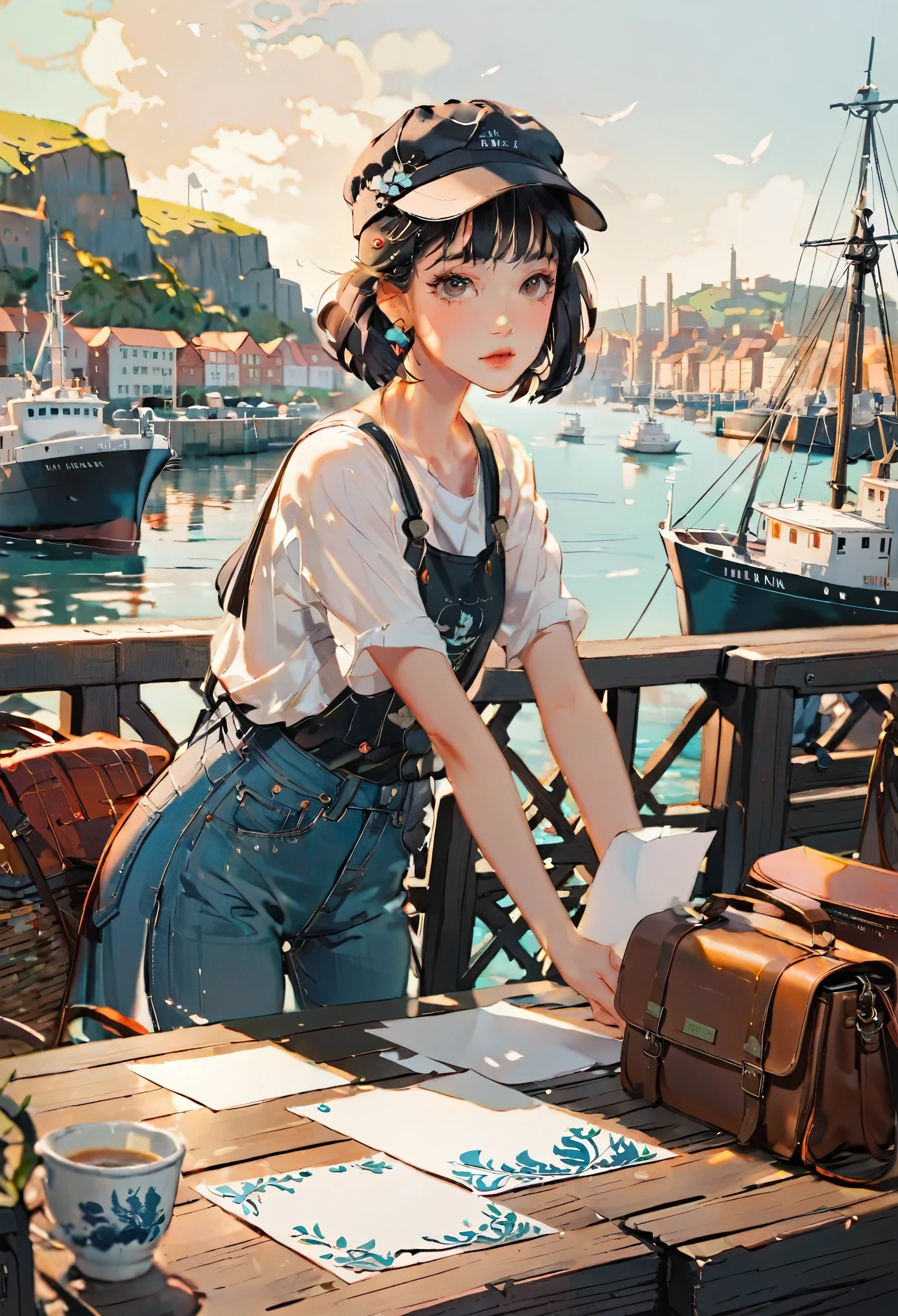 (((paper cutting style))), 1 girl, short black hair, cap, shirts and denim, portfolio, harbor and ship